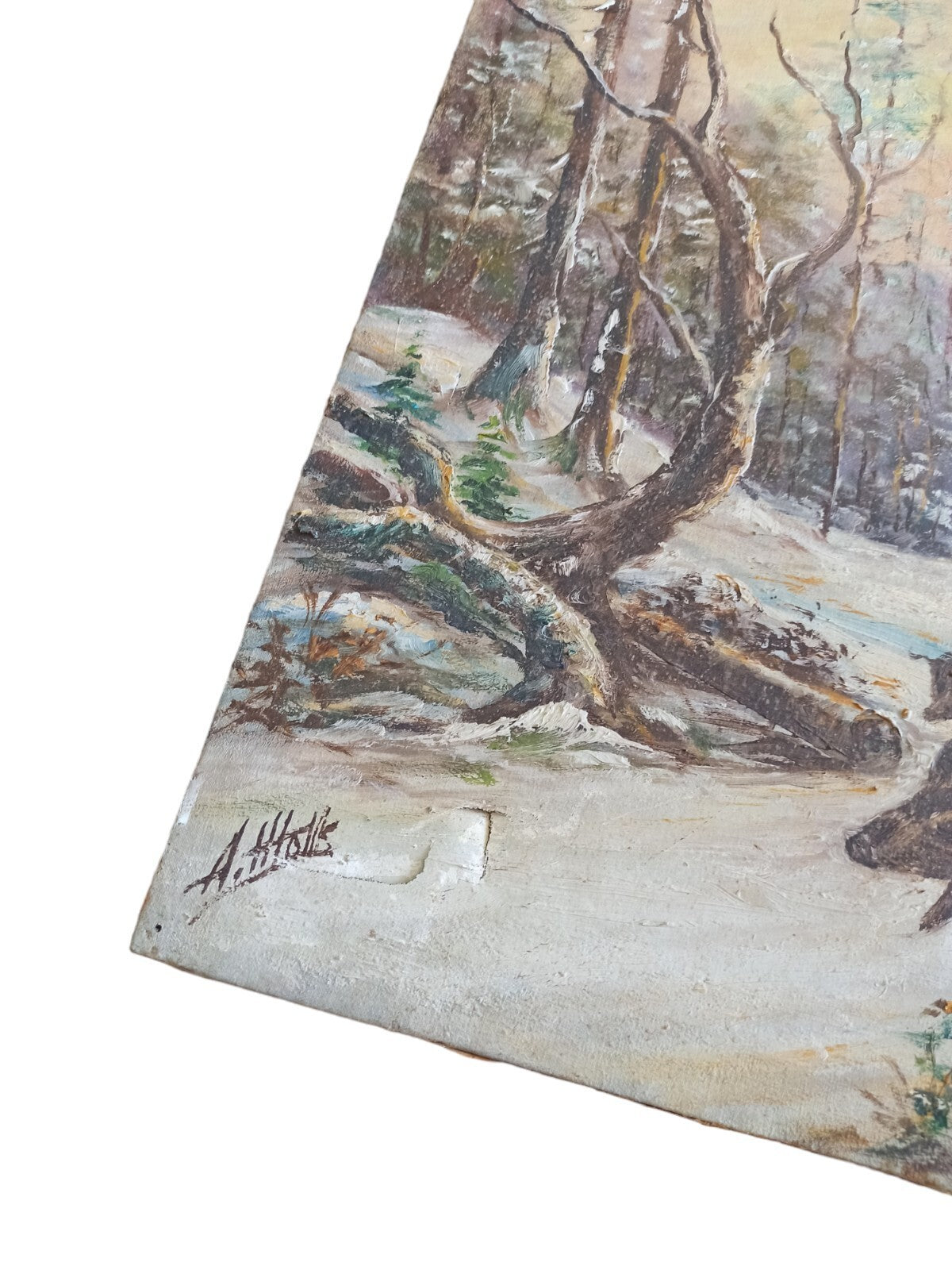 Tableau original signé A. Mottie sangliers forêt neige, peinture scène hivernale