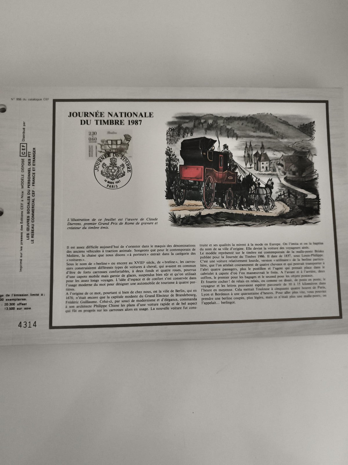 Feuillet philatélique CEF Journée du Timbre 1987 diligence oblitéré France