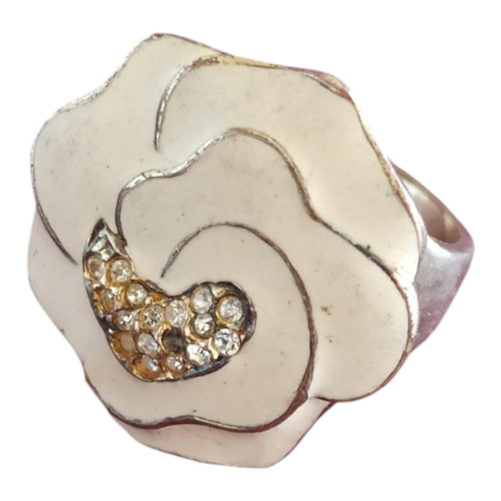 Bague fantaisie vintage fleur blanche style rétro, cristaux, taille 56
