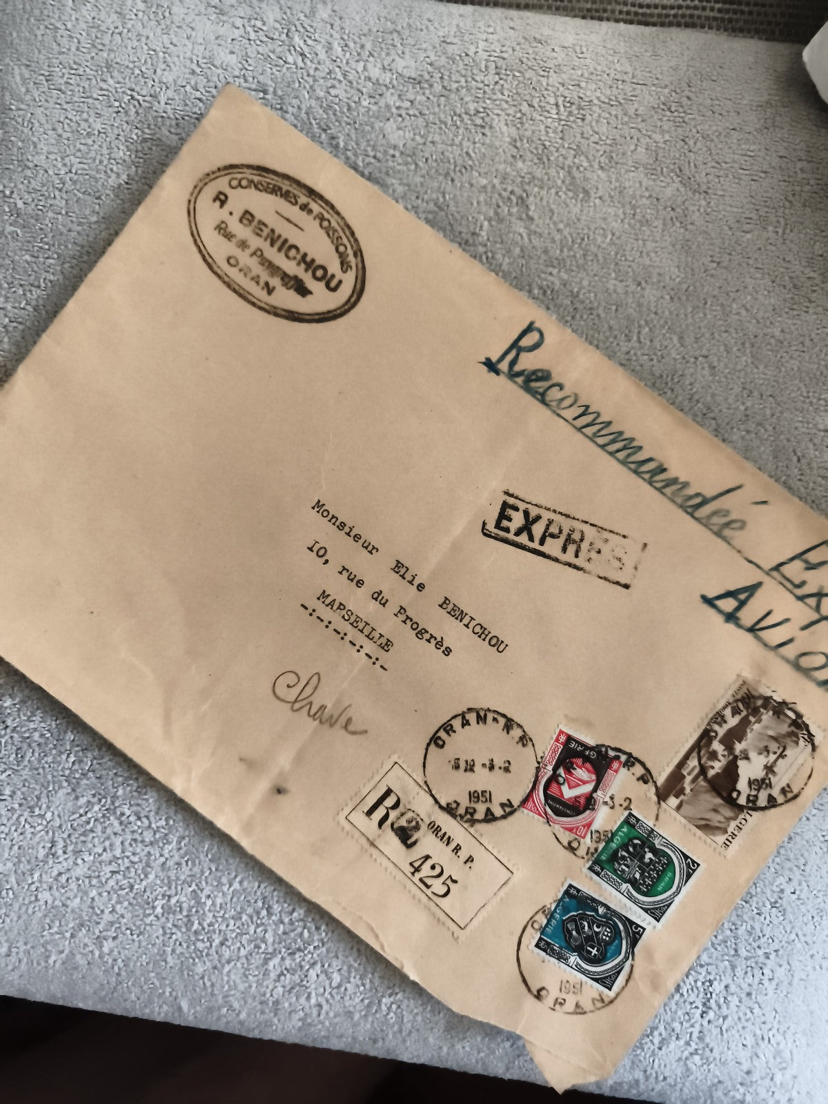 Lettre recommandée 1951 Oran Marseille timbres Algérie affranchissement philatél