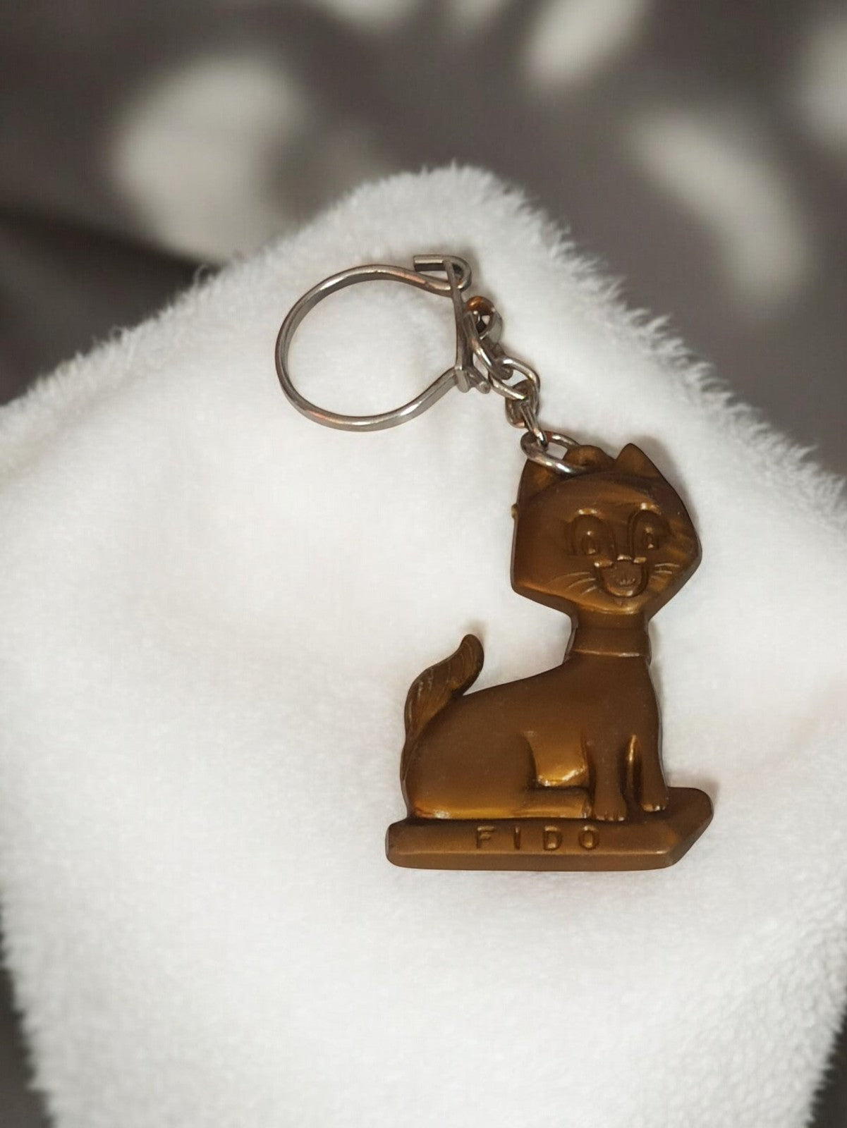 Porte-clés ancien FIDO chat rétro vintage publicitaire bronze aspect