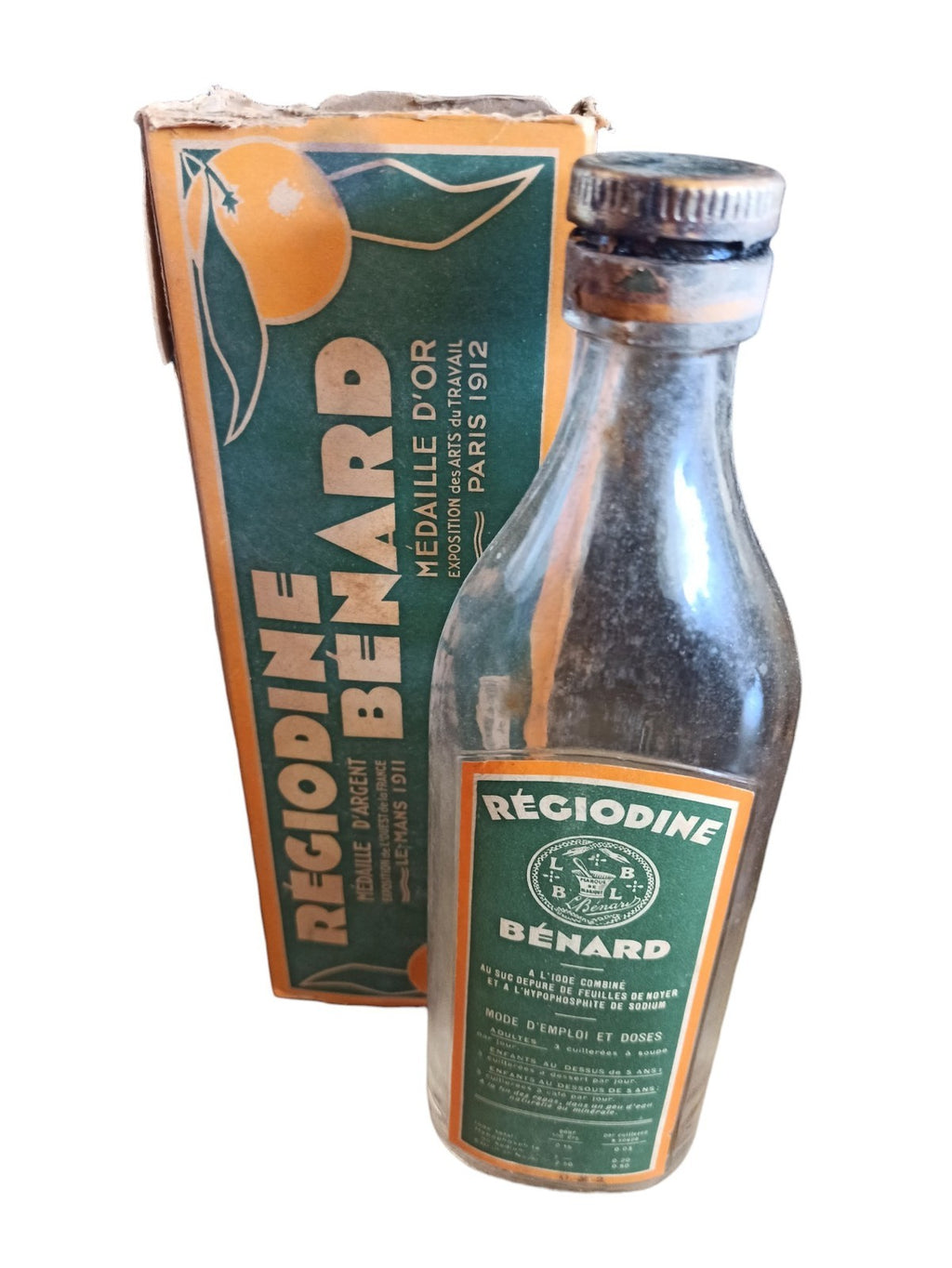 Bouteille ancienne Régiodine Benard avec boîte, années 40, vintage pharmacie