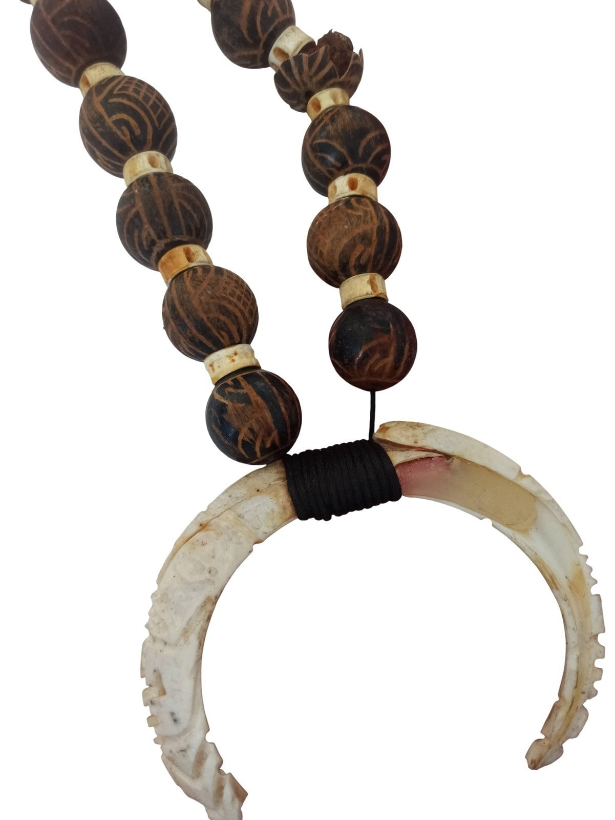 Collier africain ancien perles sculptées pendentif rituel style ethnique vintage