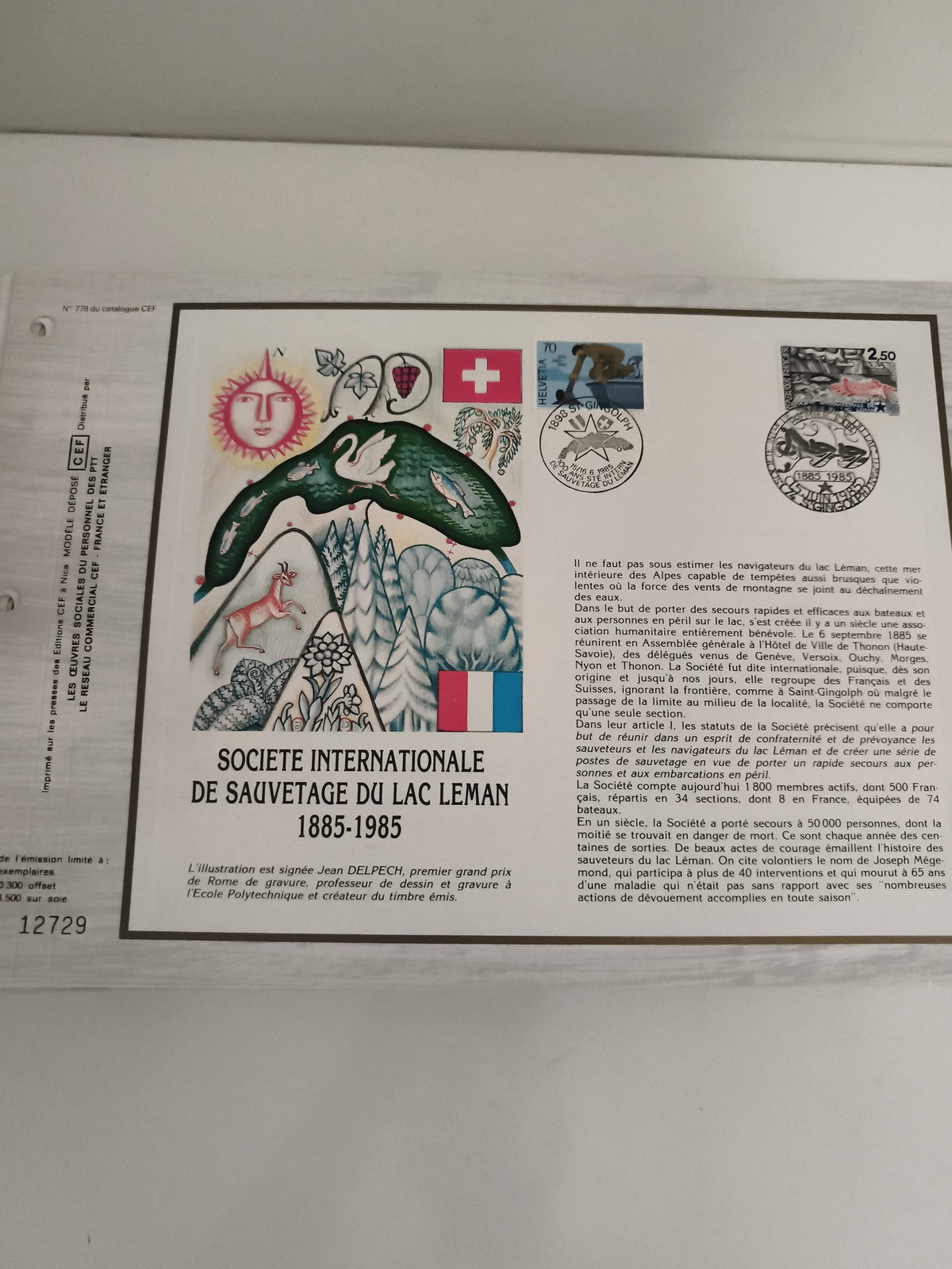 Feuillet CEF Société Sauvetage Lac Léman 1885-1985 timbres Suisse France