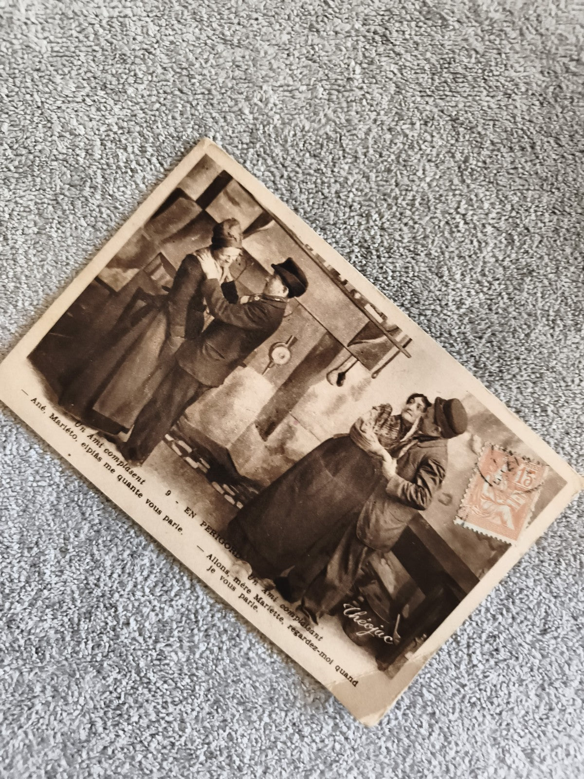 Carte postale illustrée CPA scène de genre humour début XXe timbre 15c