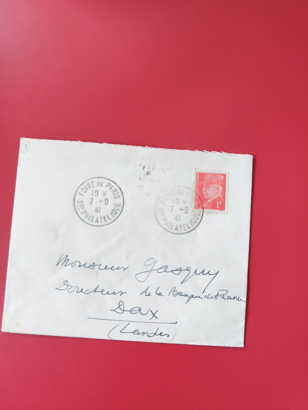 Enveloppe philatélie Foire de Paris timbre rouge 1F oblitérée 1941 Dax