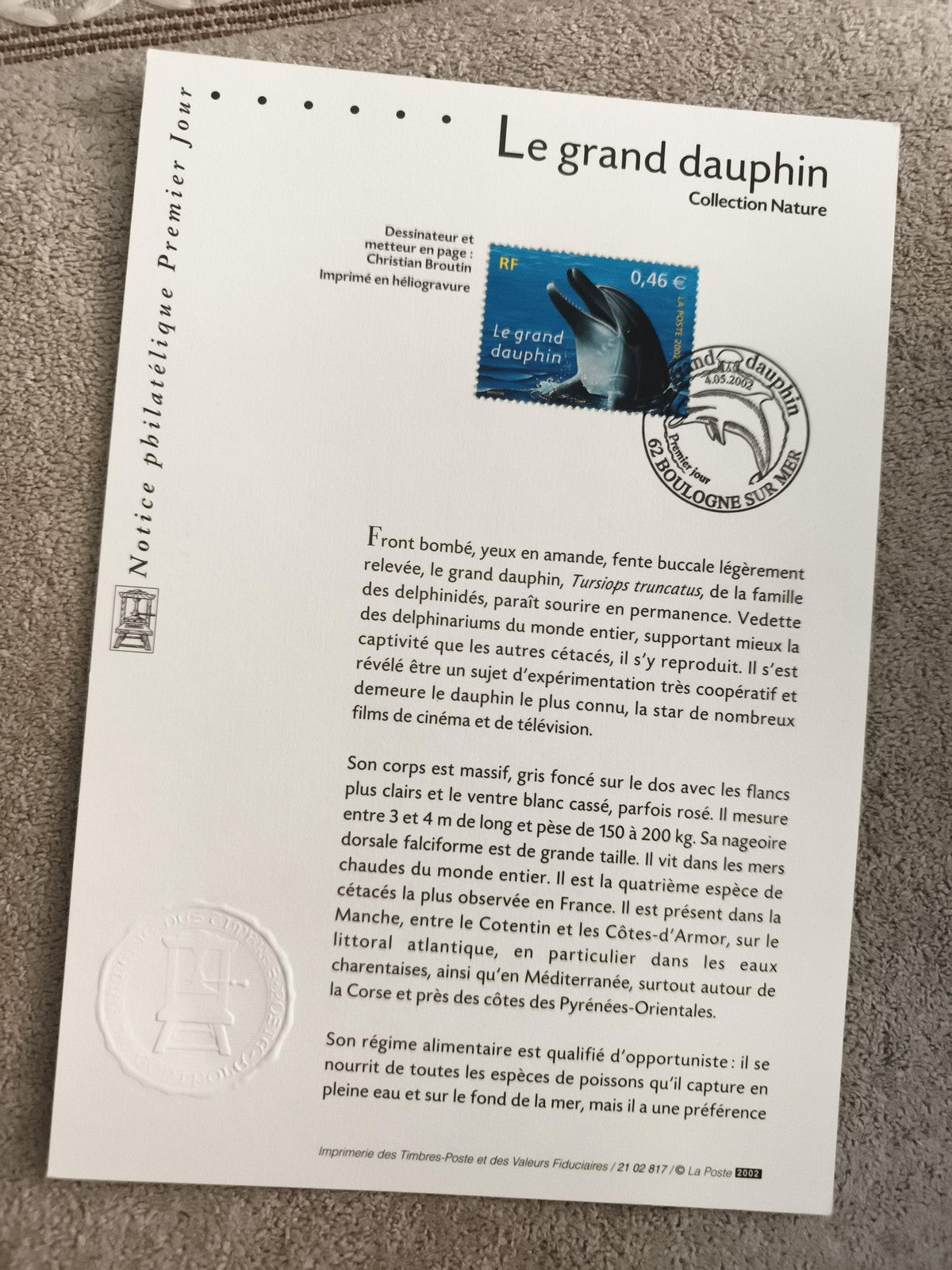 Notice philatélique Premier Jour Le grand dauphin timbre 0,46€ France 2002