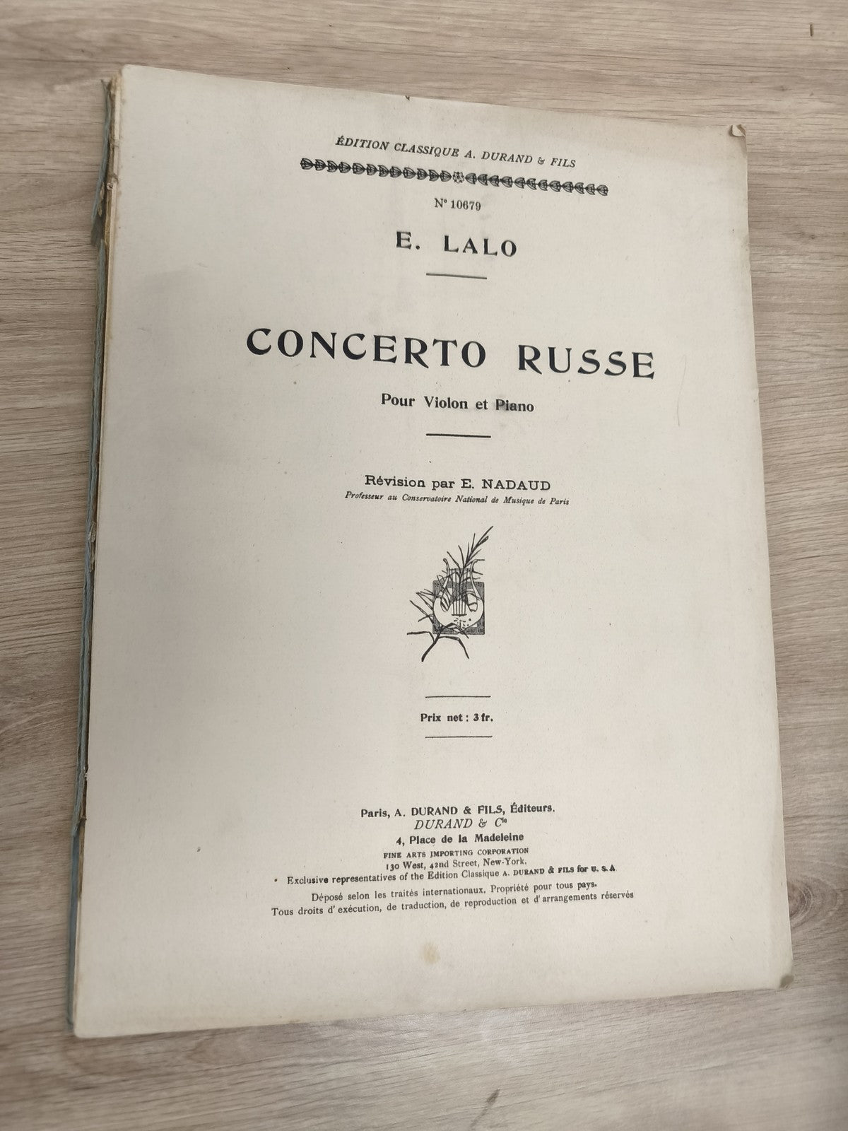 Ancien livre partitions E. Lalo Concerto Russe violon piano Durand vintage