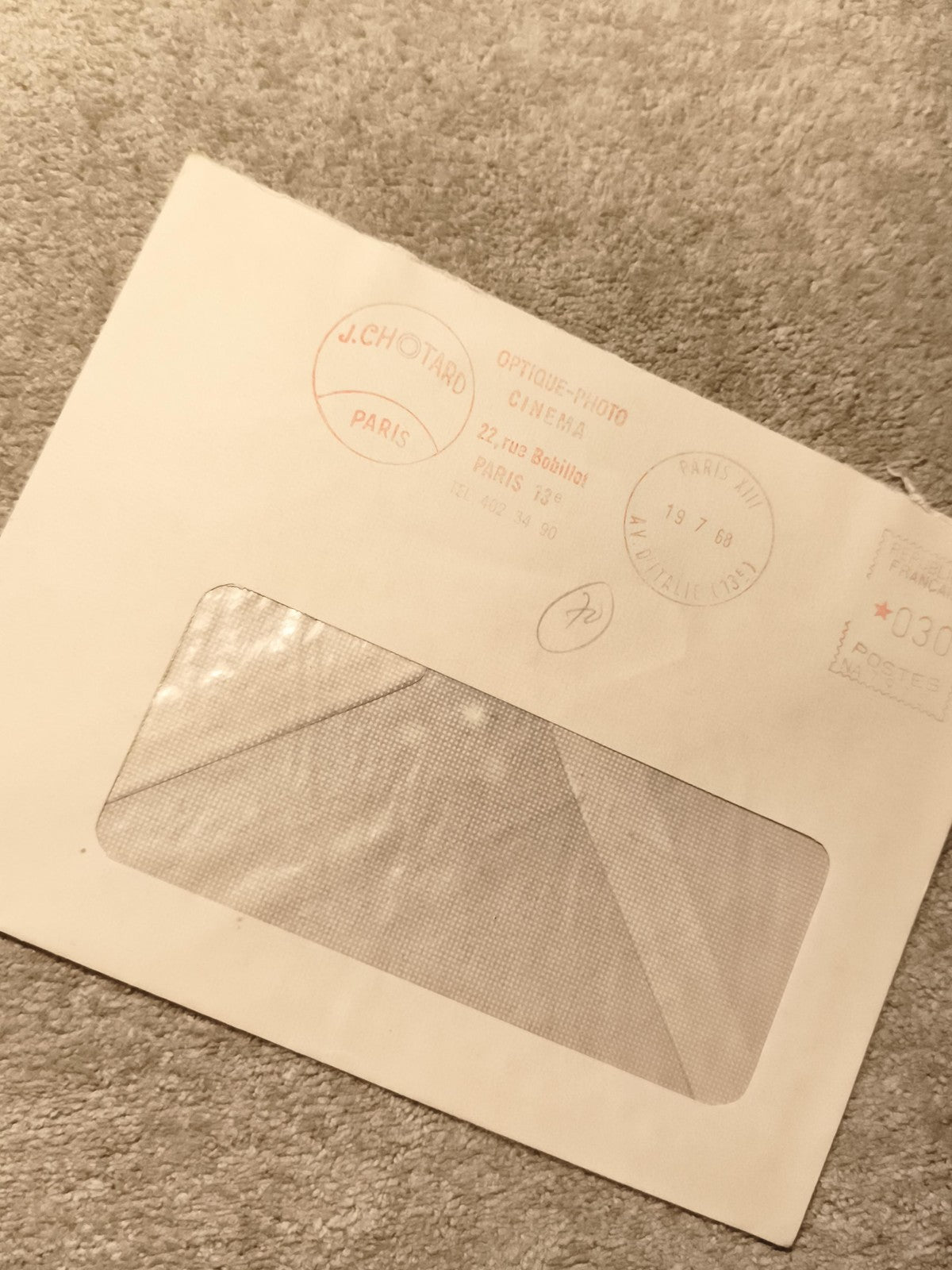 Lettre commerciale J. Chotard Paris 1968 optique-photo cachet philatélie (Ref 10