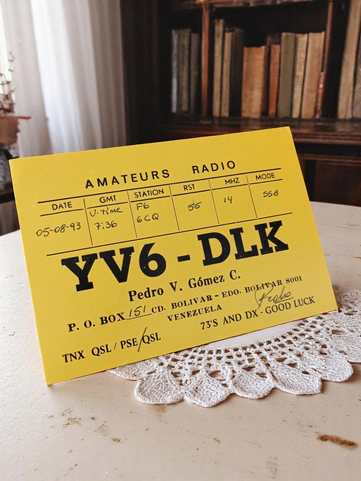 Carte QSL radio amateur vintage YV6-DLK Venezuela années 90 rétro jaune
