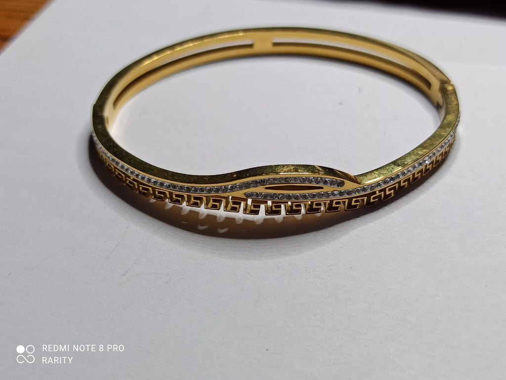 Bracelet jonc vintage plaqué or strass motif grec, bijou ancien doré