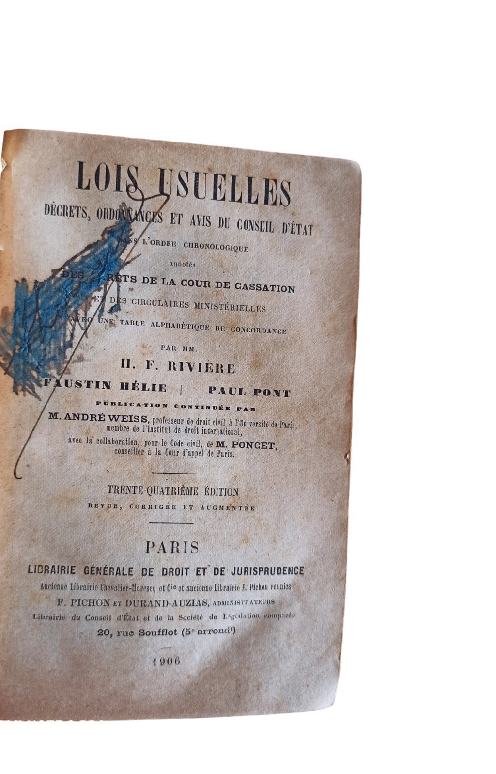 Livre ancien Lois Usuelles H.F. Riviere reliure noire 1906 droit vintage