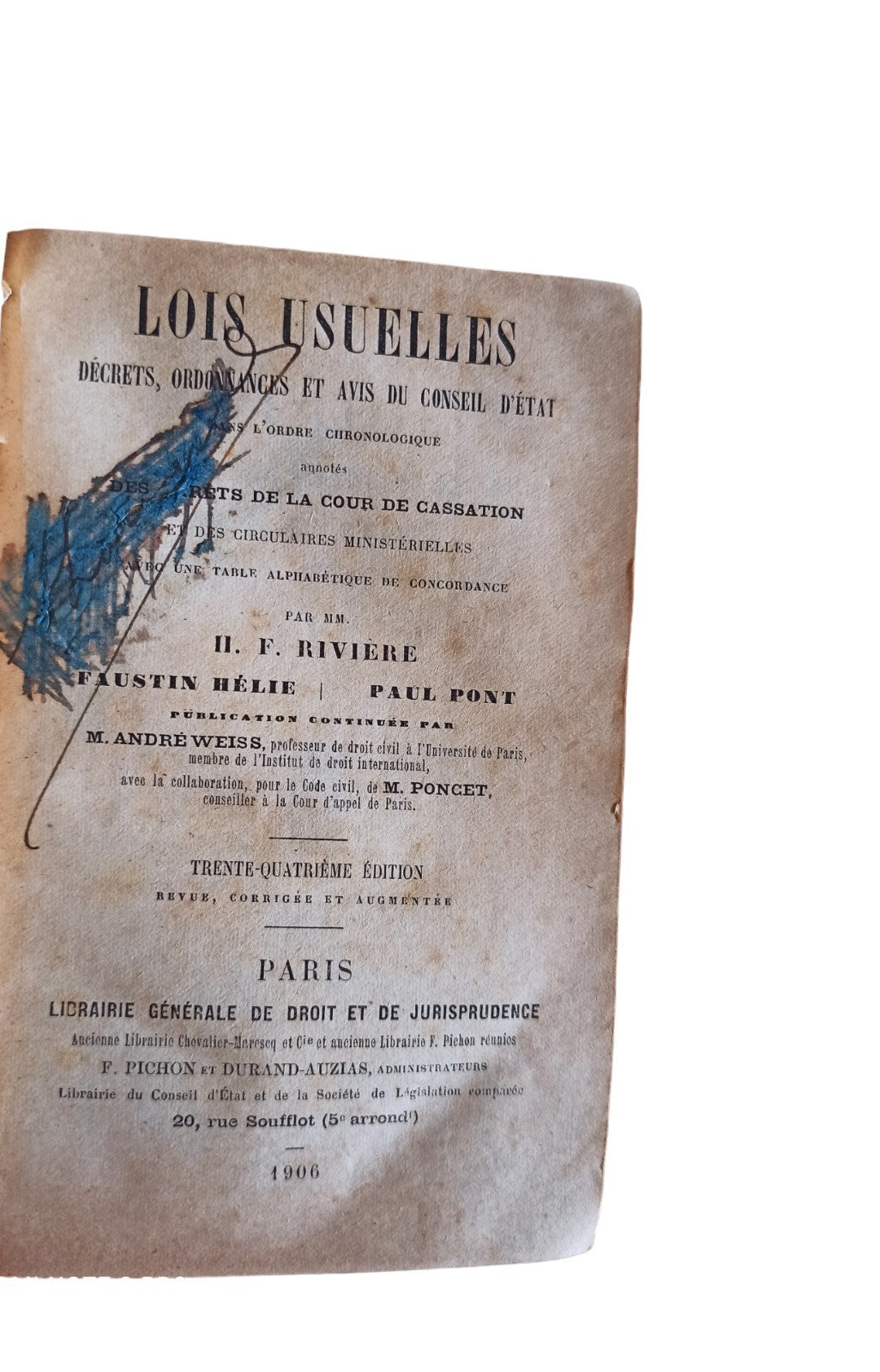 Livre ancien Lois Usuelles H.F. Riviere reliure noire 1906 droit vintage