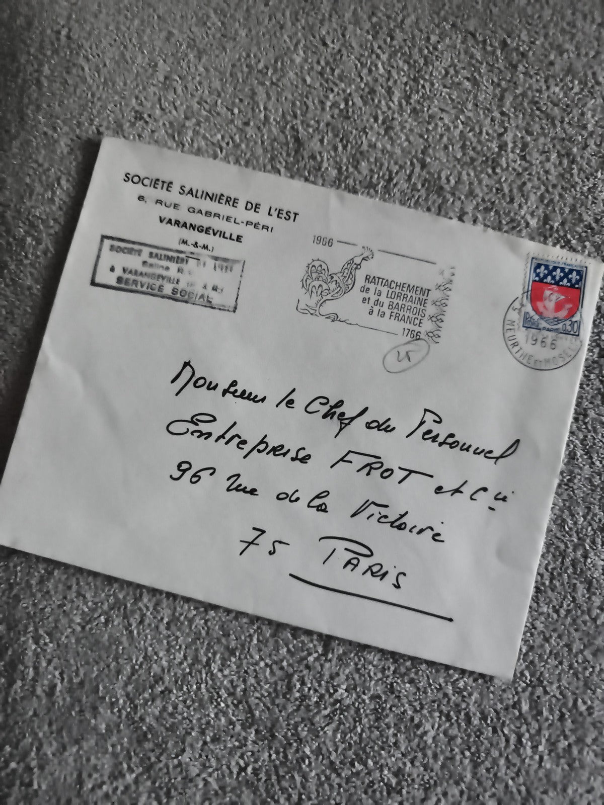 Lettre oblitérée 1966 Société Salinière de l'Est Varangéville Paris philatélie