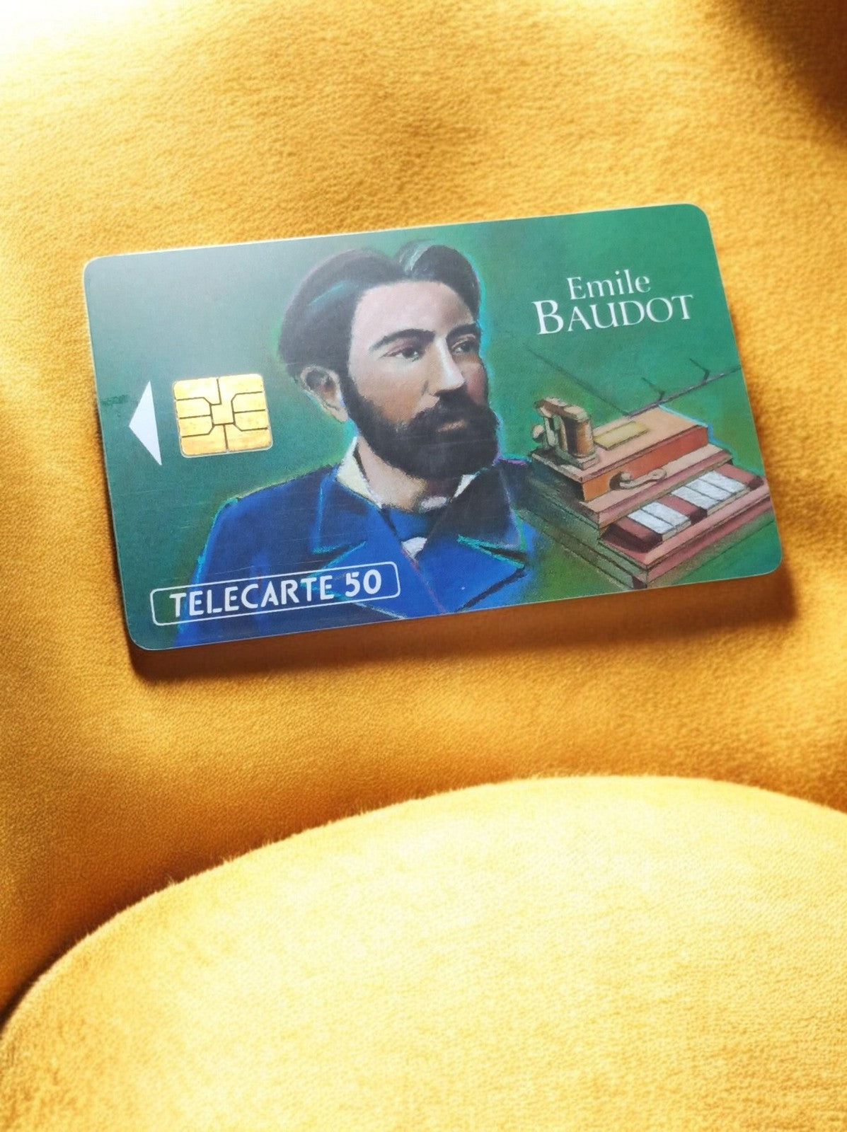 Carte téléphonique vintage Télécarte 50 Émile Baudot puce illustration ancienne