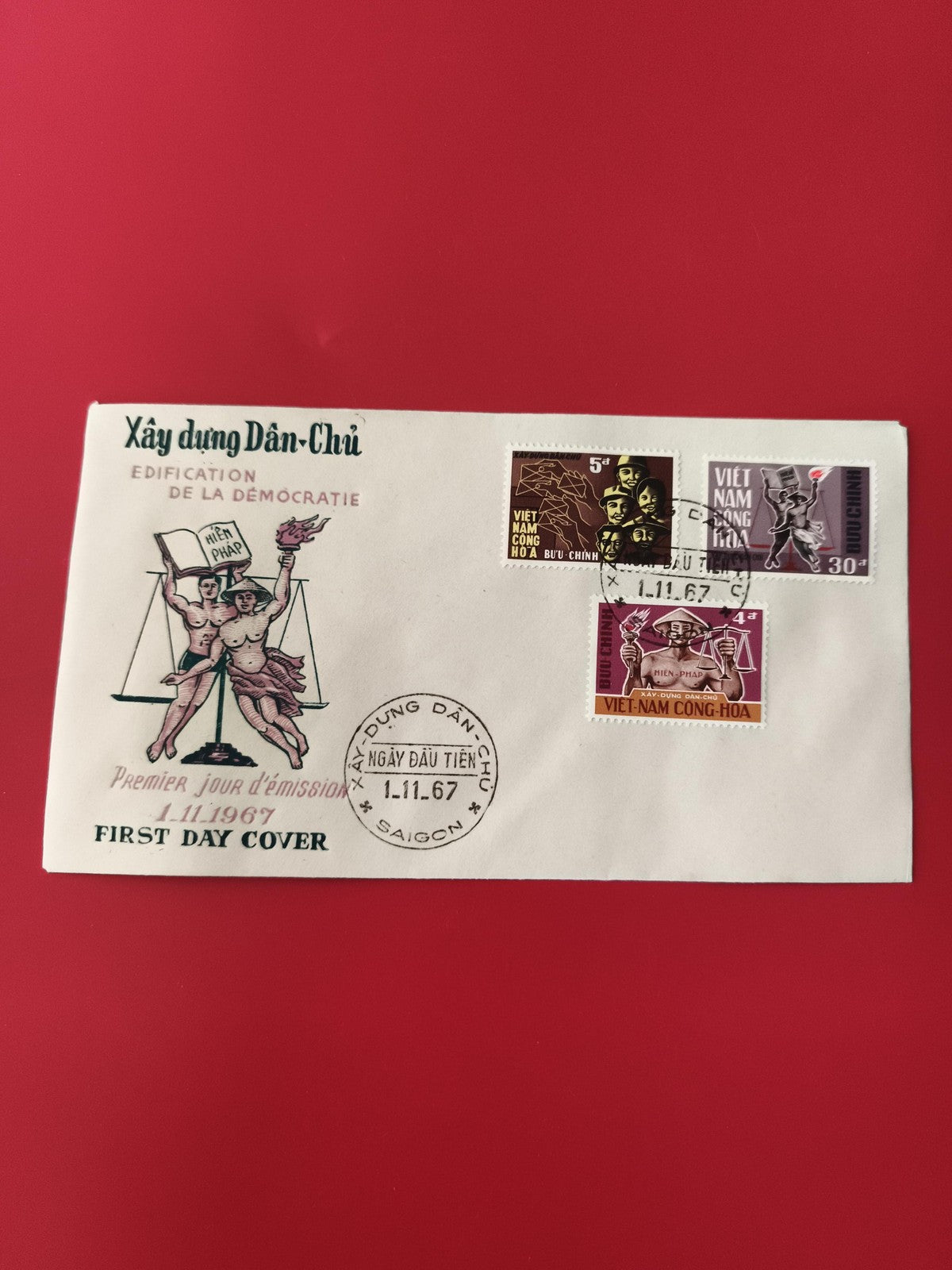 Enveloppe FDC Vietnam 1967 Xây dựng Dân-Chủ timbres Saigon philatélie
