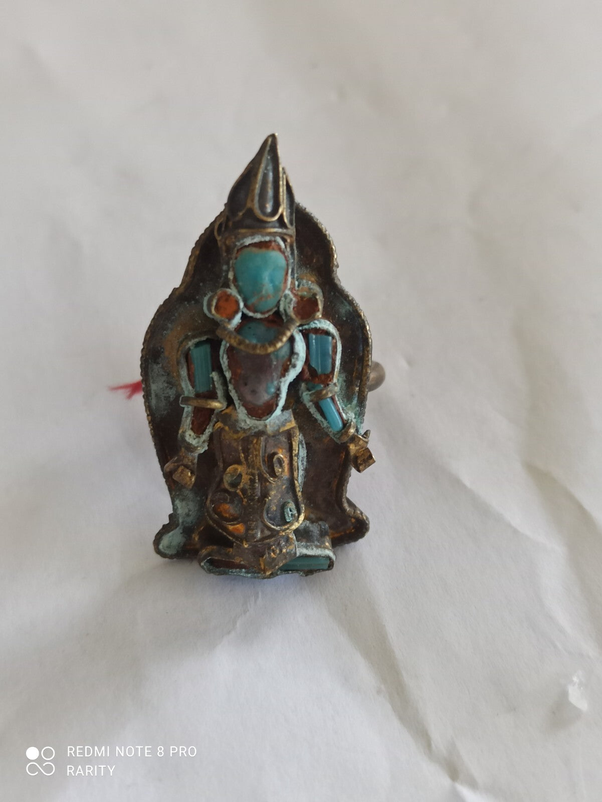Statue divinité hindoue laiton ancien décor turquoise style artisanal Inde