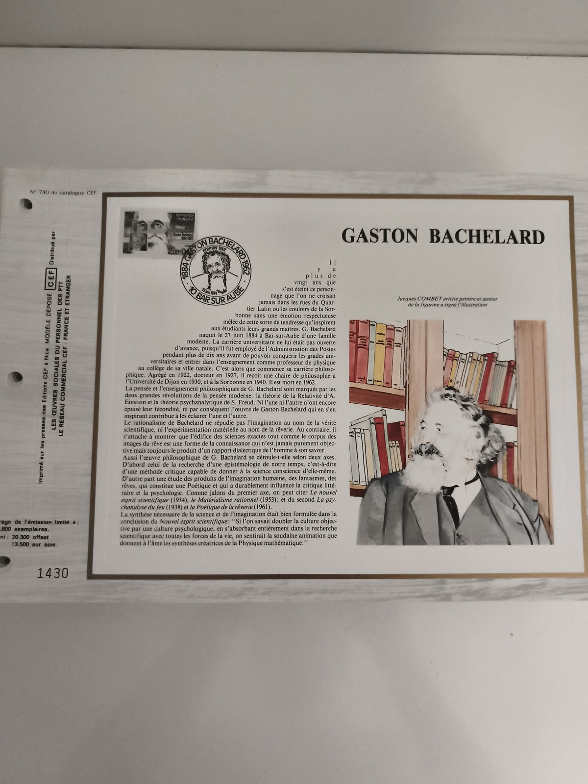 Feuillet CEF Gaston Bachelard philatélie oblitération Bar-sur-Aube