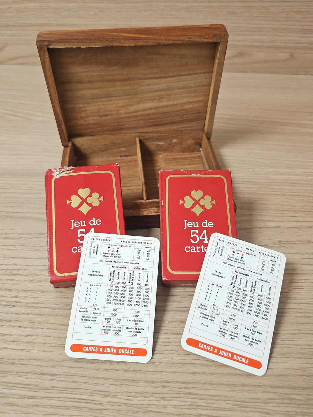 Lot vintage jeux de cartes anciens avec boîte bois Ancienne, collection rétro ra