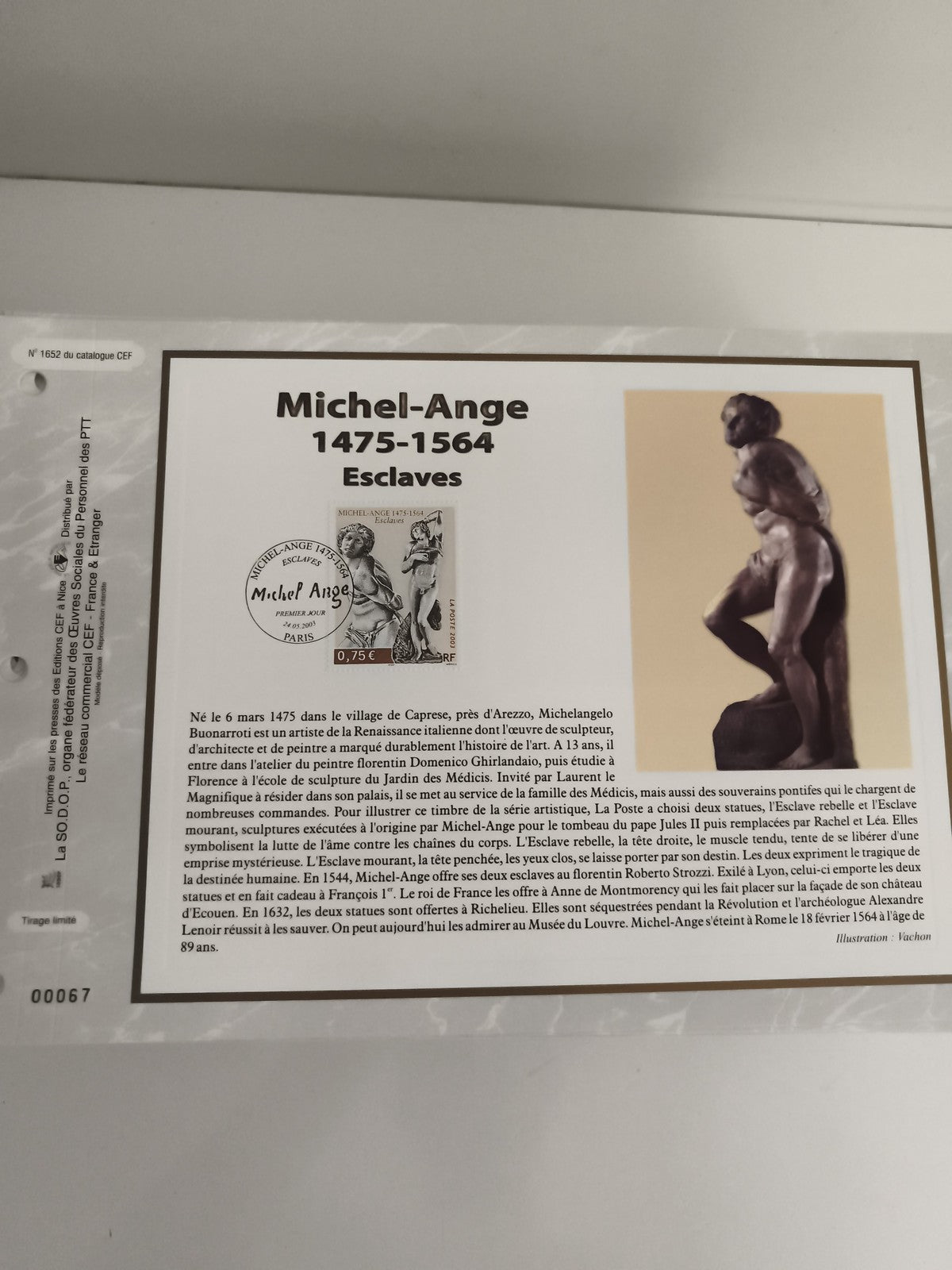 Feuillet CEF Michel-Ange 1475-1564 Esclaves philatélie oblitéré