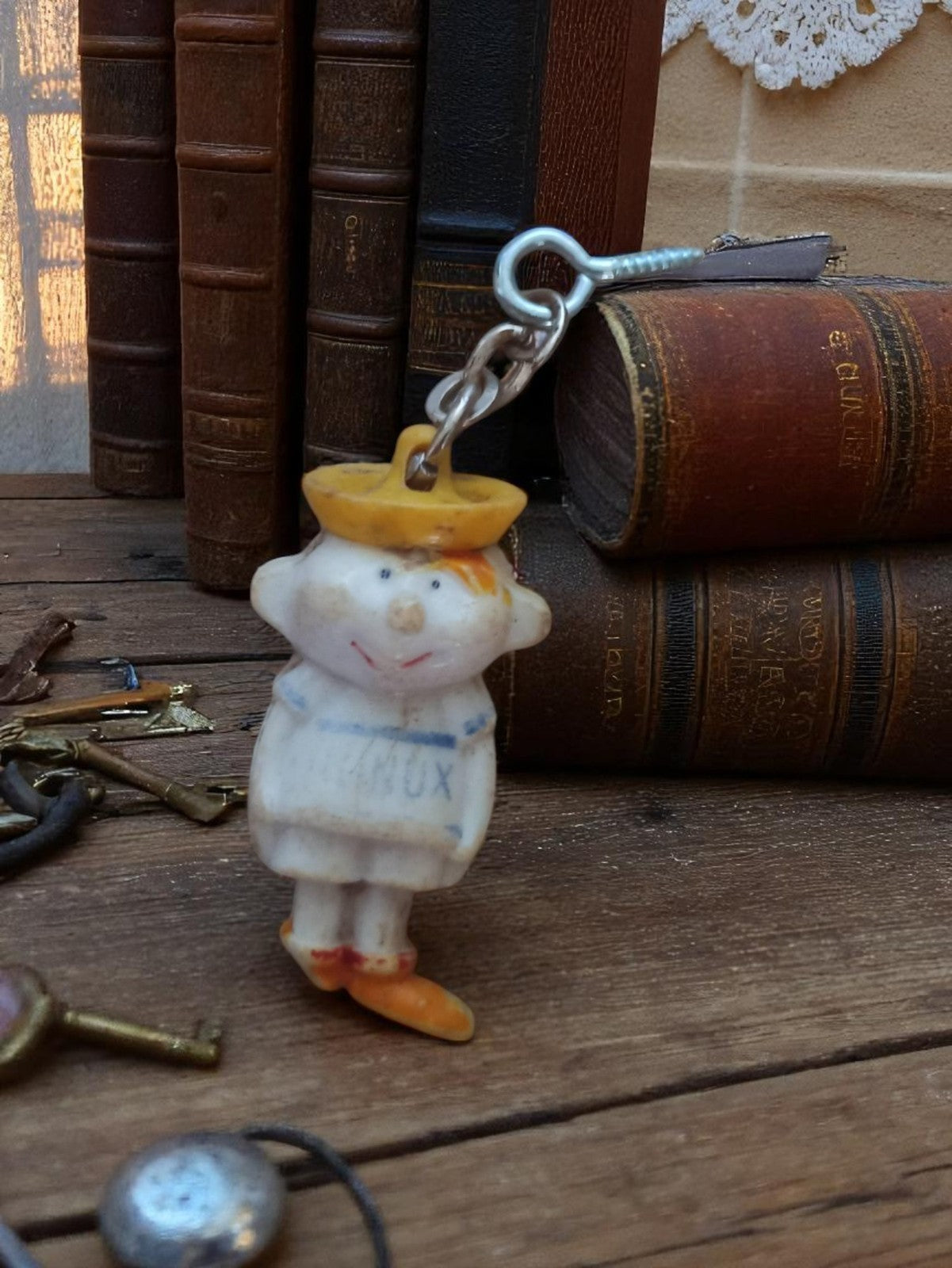 Porte-clés figurine Bonux vintage, mascotte publicitaire, métal et plastique