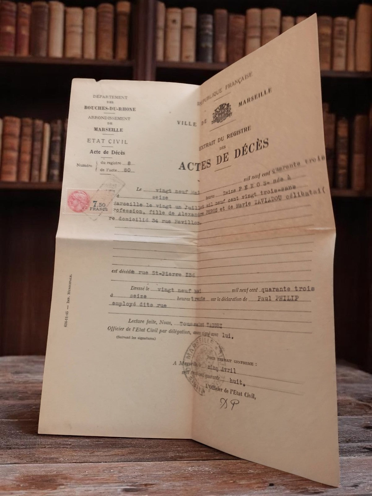 Acte de décès ancien Marseille 1940s document officiel vintage état civil