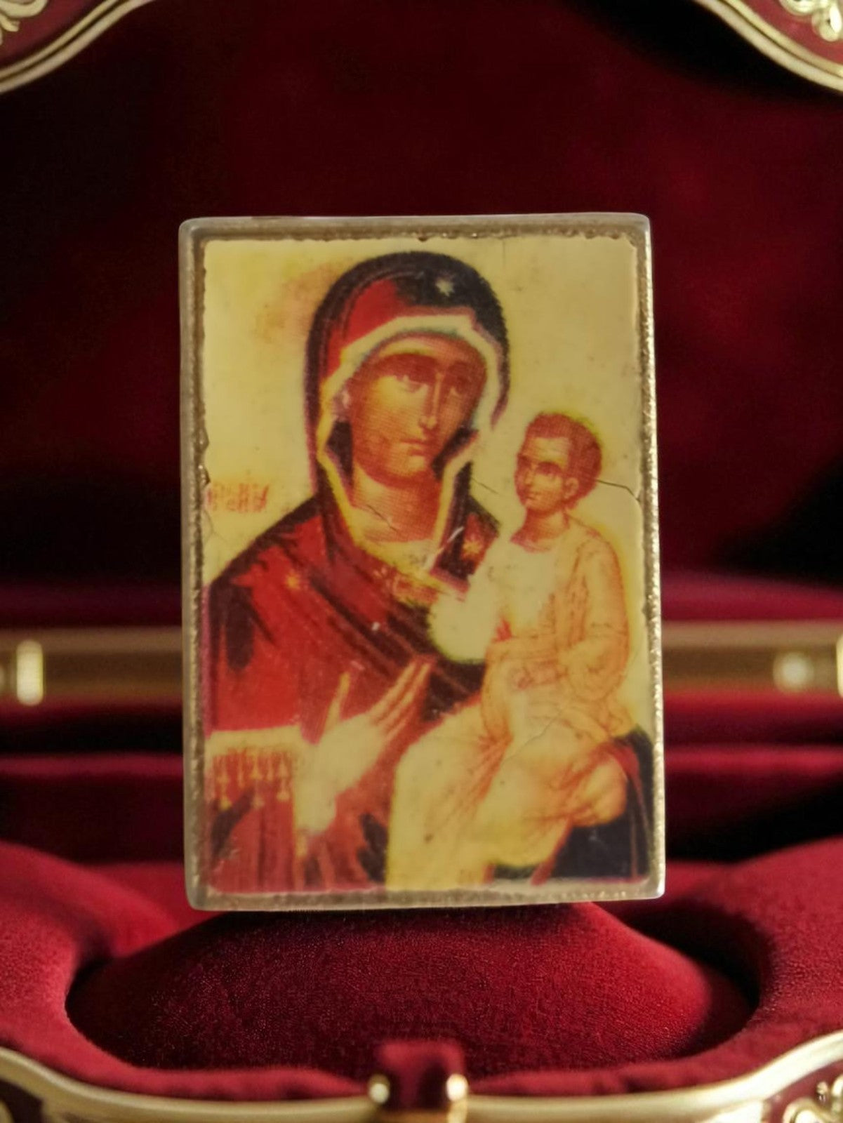 Vintage religious pin, Virgin Mary retro icon, enameled decor