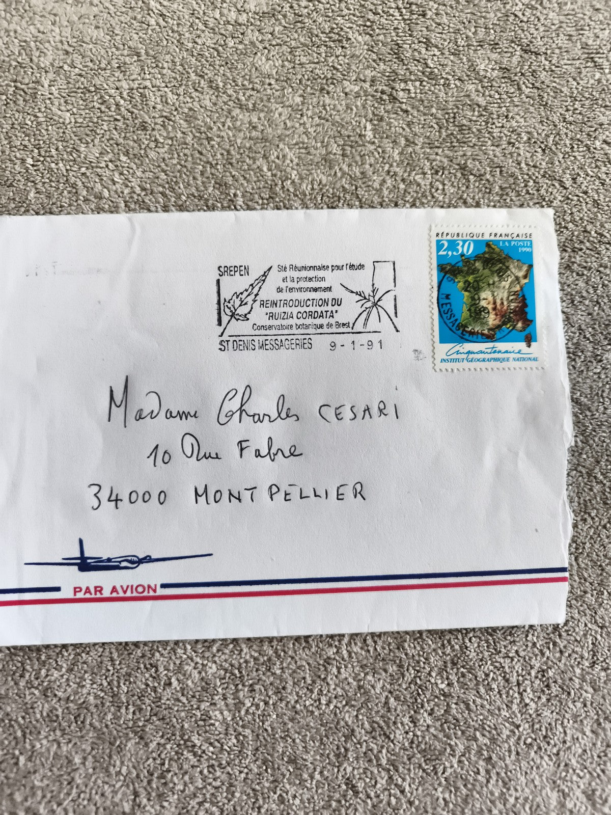 Lettre affranchie France 1991 timbre 2,30F carte Institut Géographique