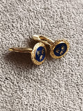 Boutons de manchette anciens dorés, médaillon bleu, style vintage costume
