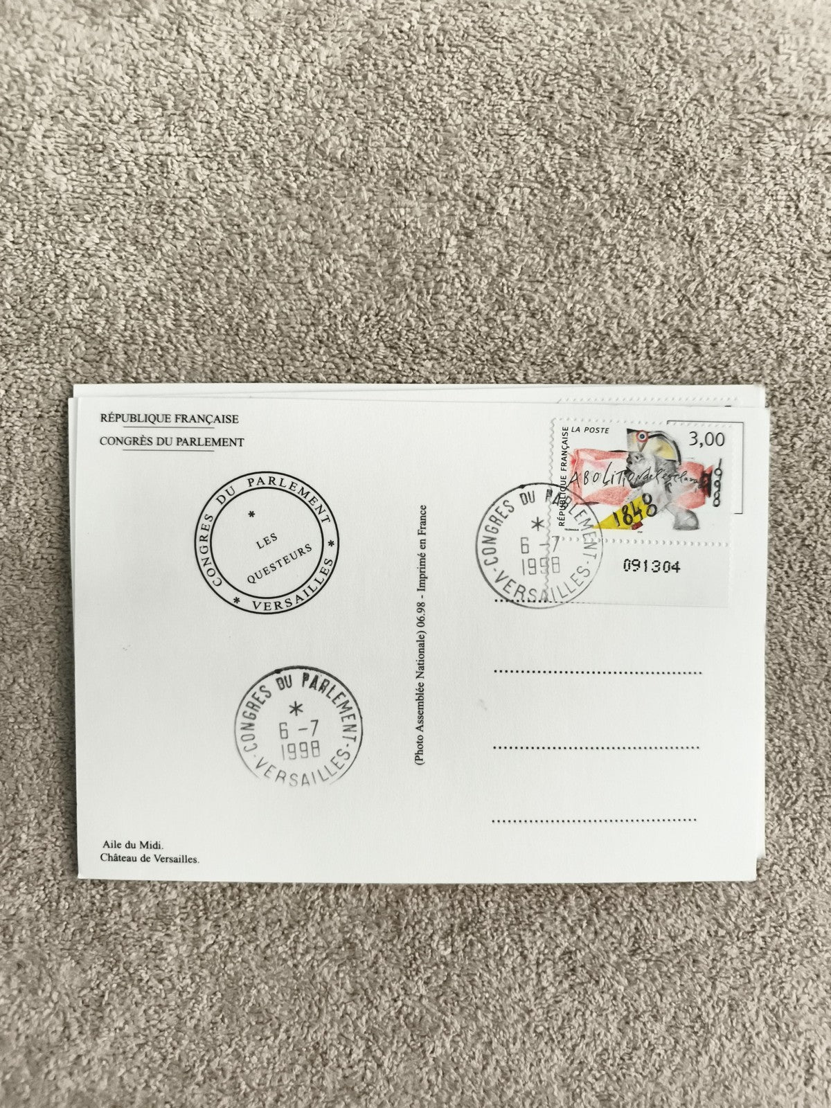 Carte postale Congrès du Parlement Versailles 1998 timbre oblitéré philatélie