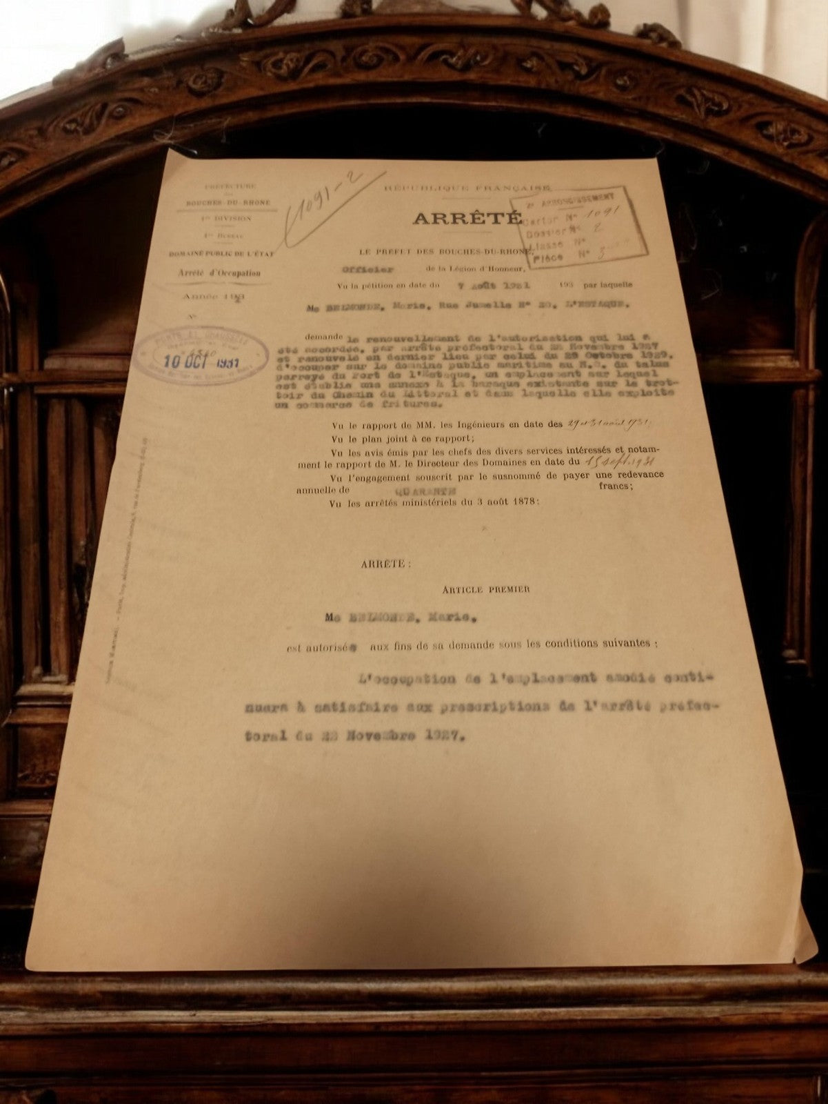 Document arrêté préfectoral ancien Marseille Bouches-du-Rhône 1931 vintage