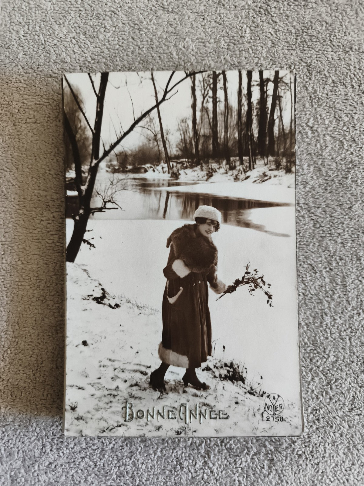 CPA Bonne Année hiver femme élégante neige rivière photo ancienne