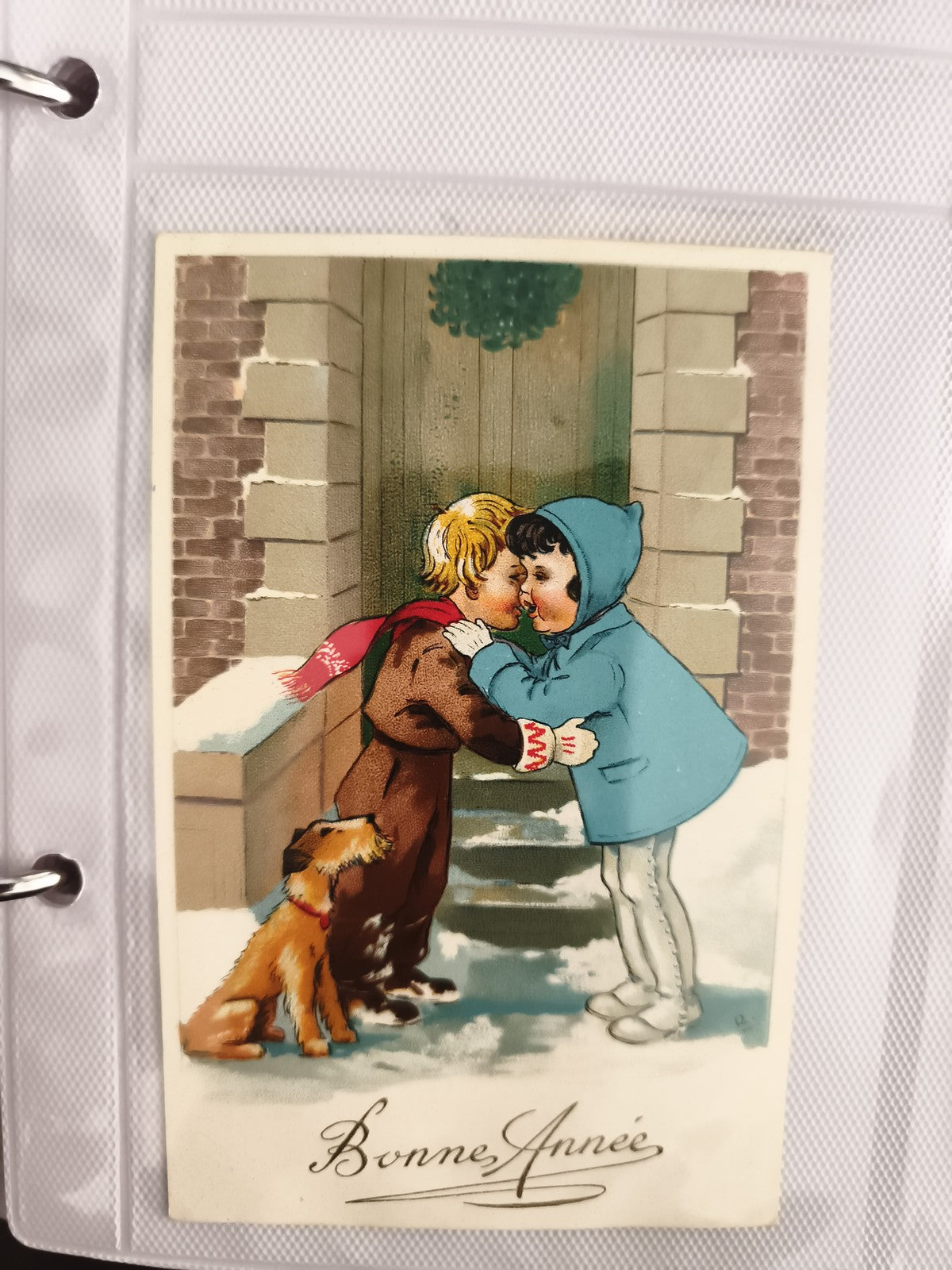 Carte postale ancienne Bonne Année illustrée enfants hiver chien CPA