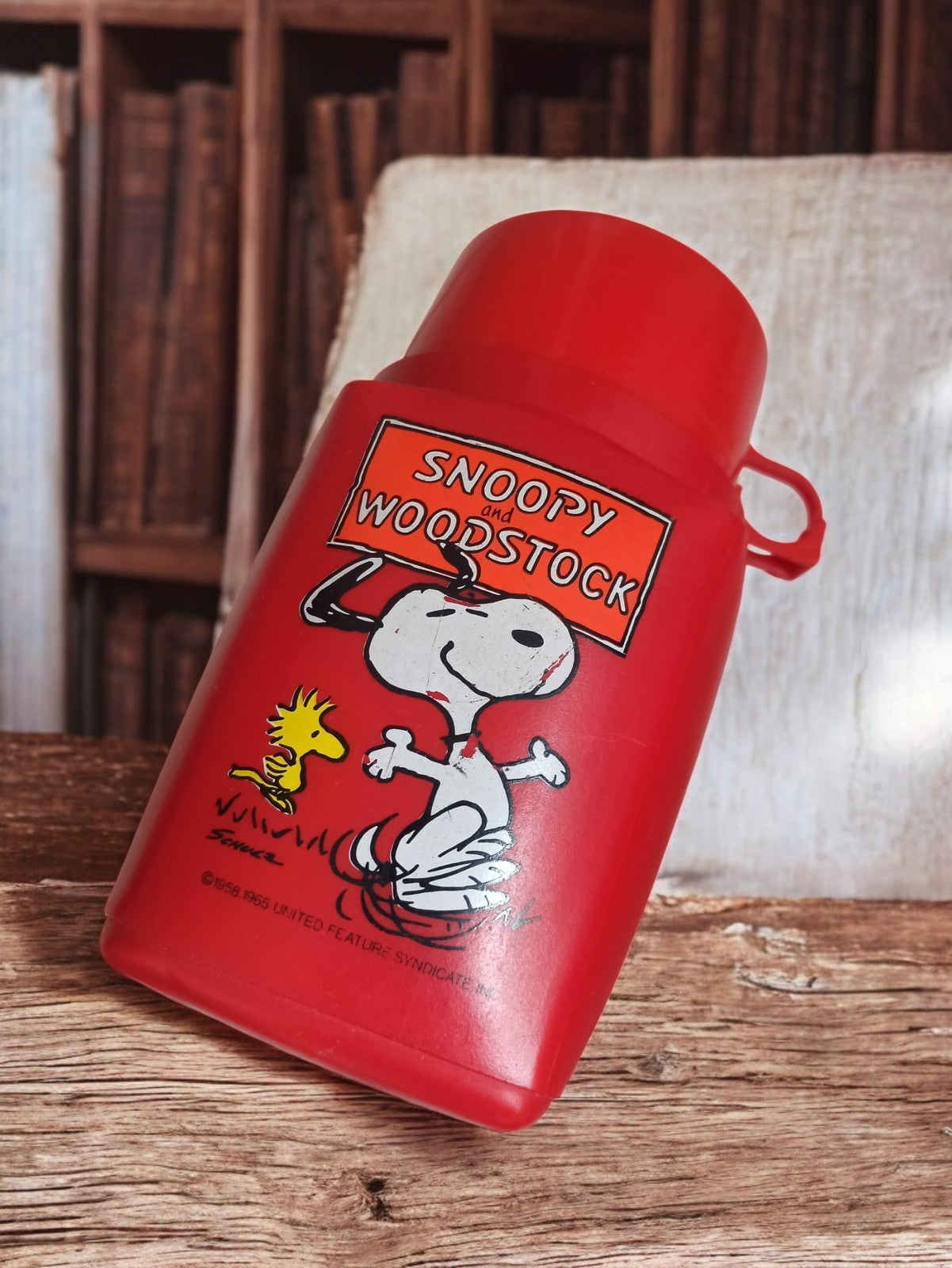 Thermos vintage Snoopy and Woodstock rouge rétro ancien marque Snoopy rare