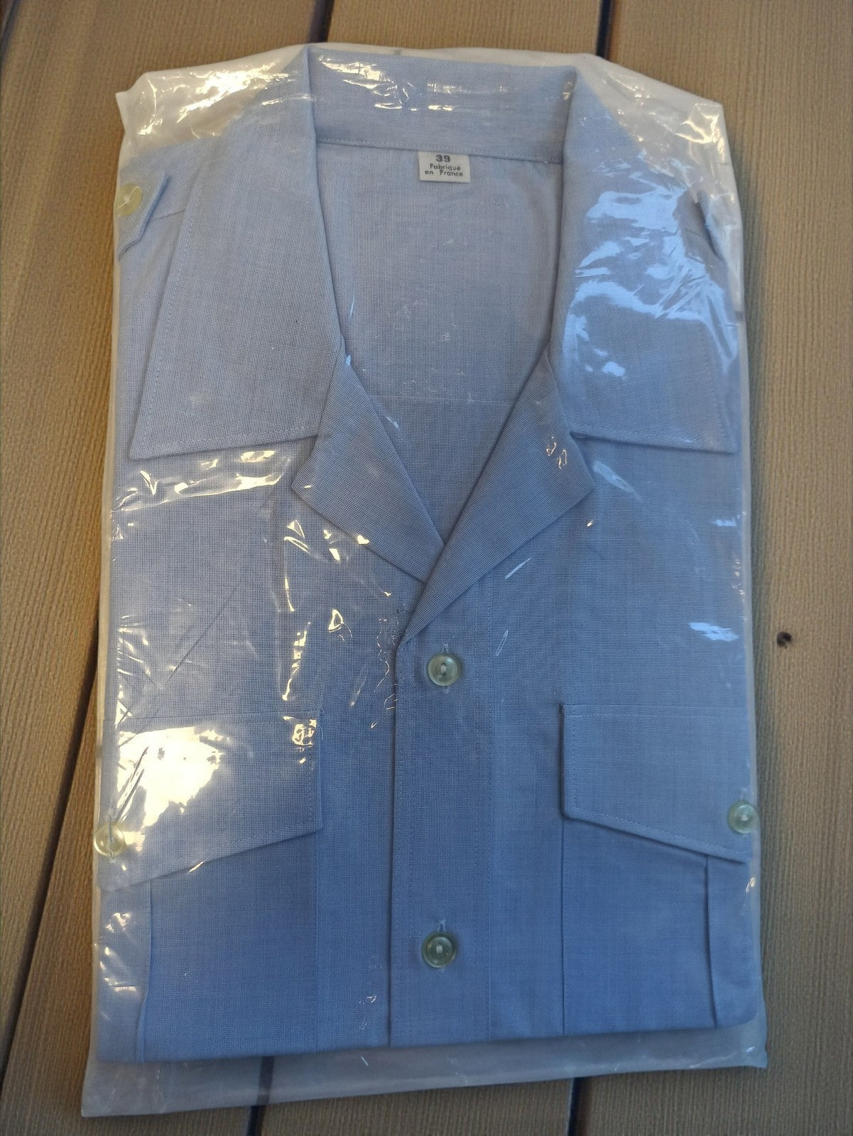 Chemise militaire vintage bleu clair, manches courtes, années 70, France