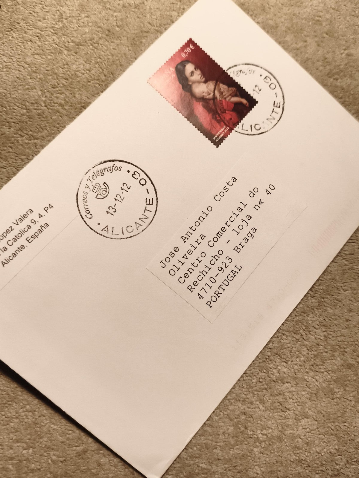 Lettre affranchie Espagne 2012 timbre 0,16€ oblitérée Alicante philatélie (Ref 8