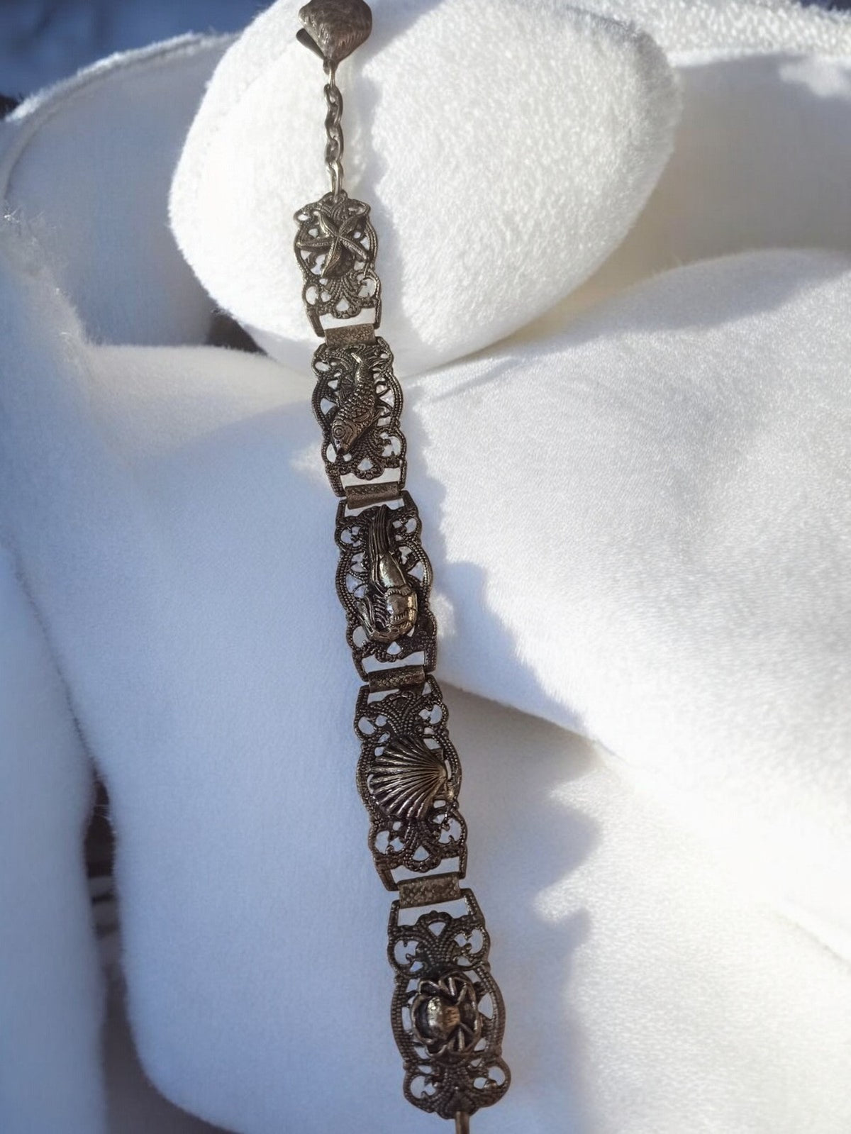 Antique large filigree metal bracelet, retro vintage marine decor jewelry