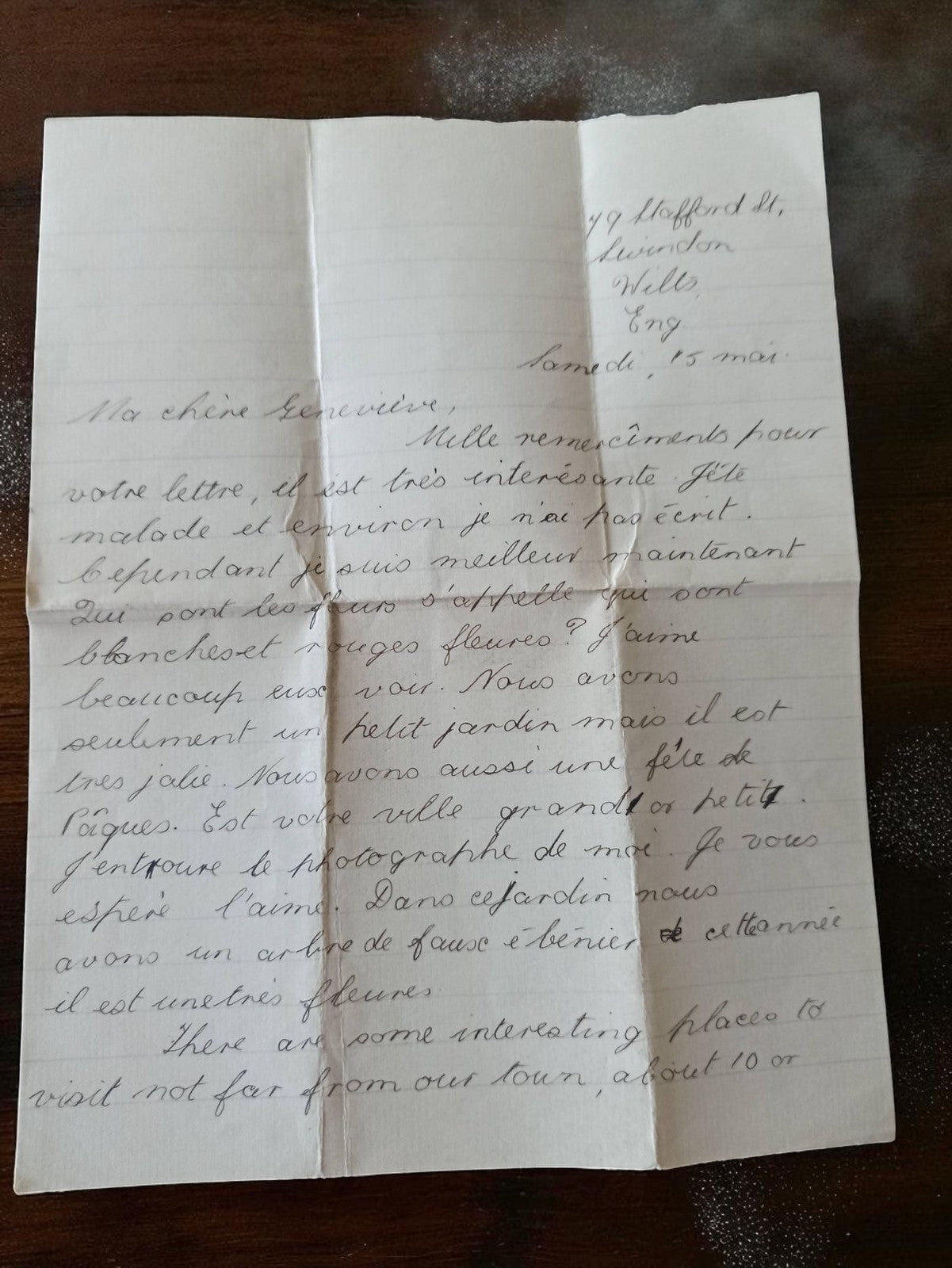 Lettre manuscrite ancienne 1945 Swindon Wells WW2 à Geneviève vintage