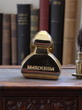Broche vintage Maroussia dorée, pin's rétro ancien métal, logo parfum