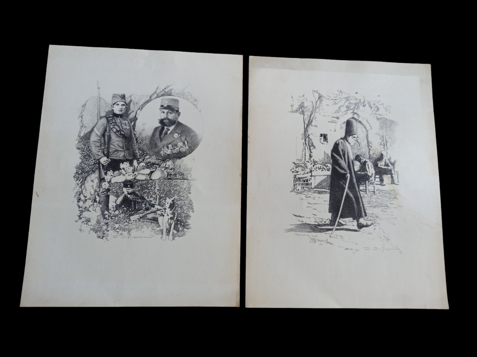 Lot 2 gravures anciennes militaires signées, soldats XIXe, illustration vintage