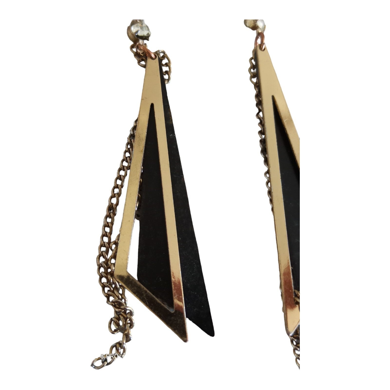 Boucles d’oreilles vintage pendantes triangles dorés noir années 80 art déco