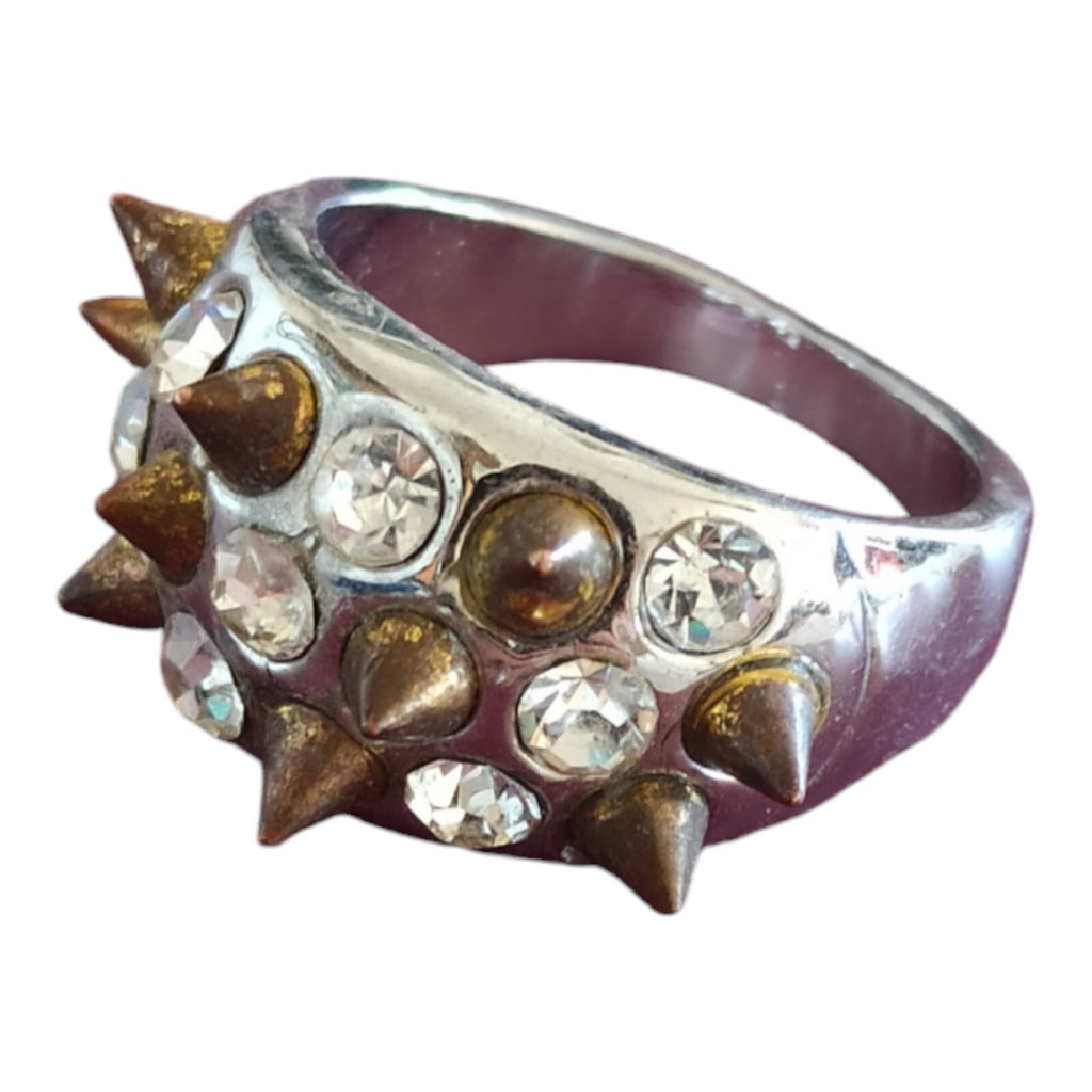 Bague vintage strass et pointes style rock rétro taille 53, anneau argenté