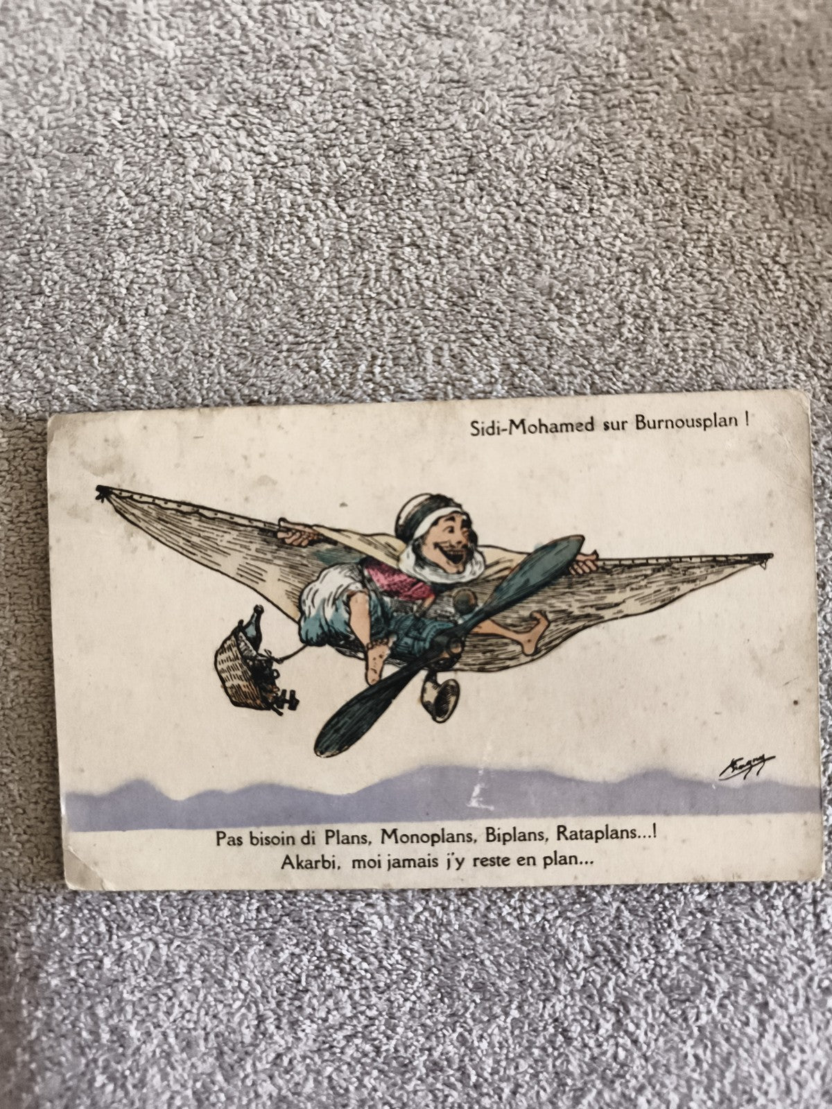 CPA illustrée Sidi-Mohamed Burnousplan aviation humour début XXe