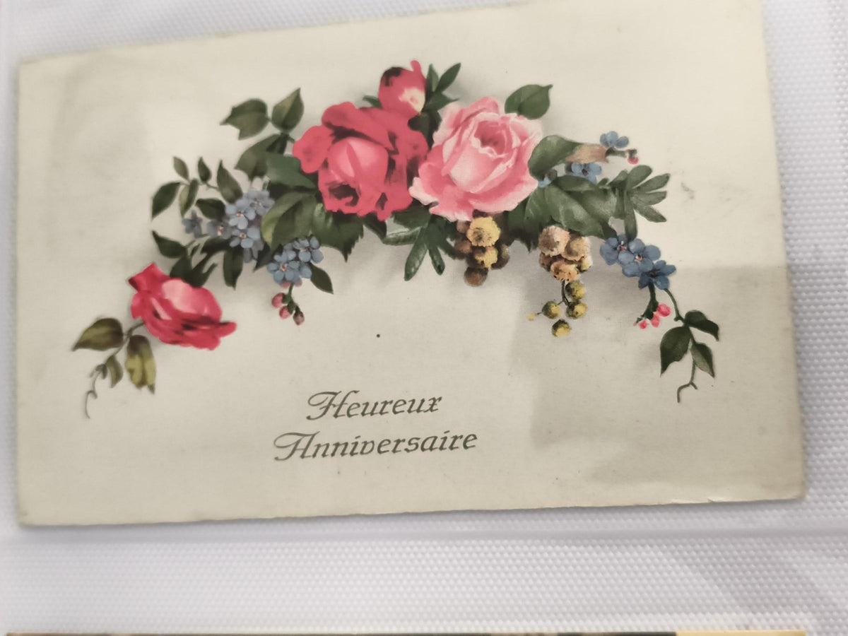 Carte postale ancienne Heureux Anniversaire fleurs roses illustration rétro