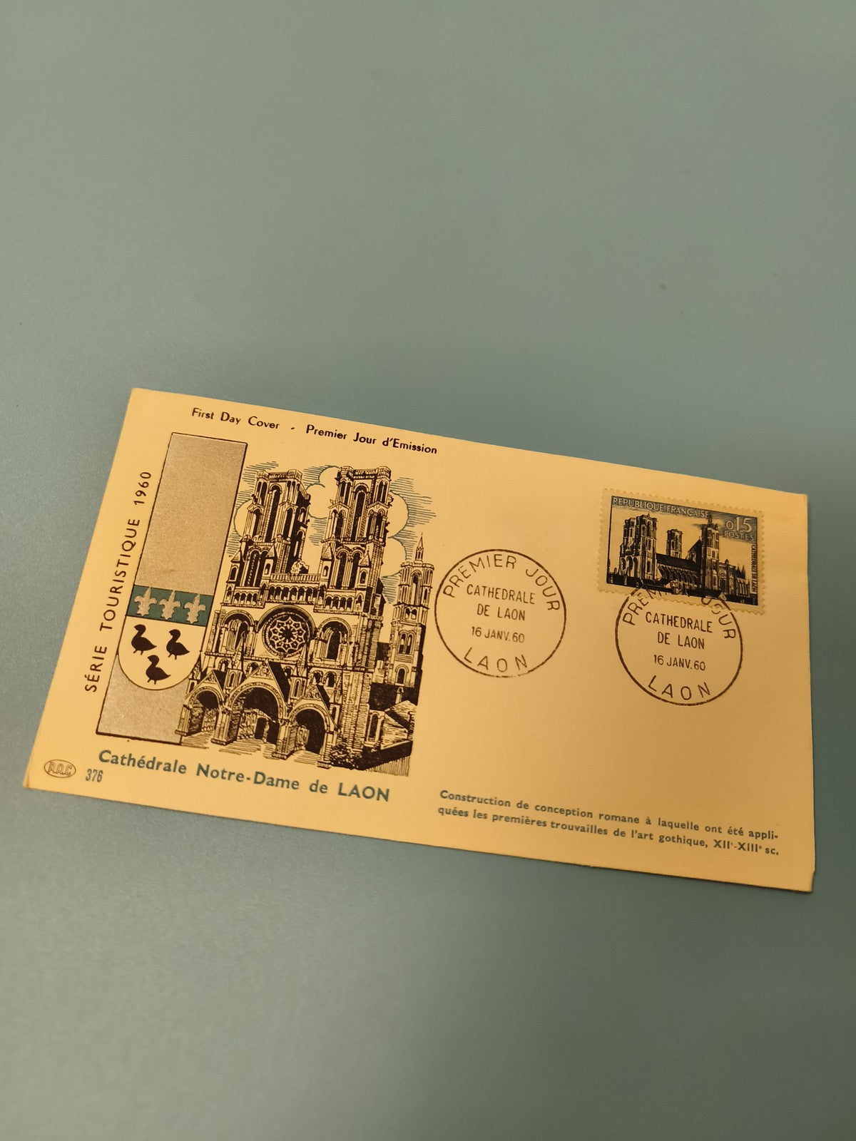 Ancienne enveloppe 1er jour Cathédrale Notre-Dame de Laon 1960 philatélie