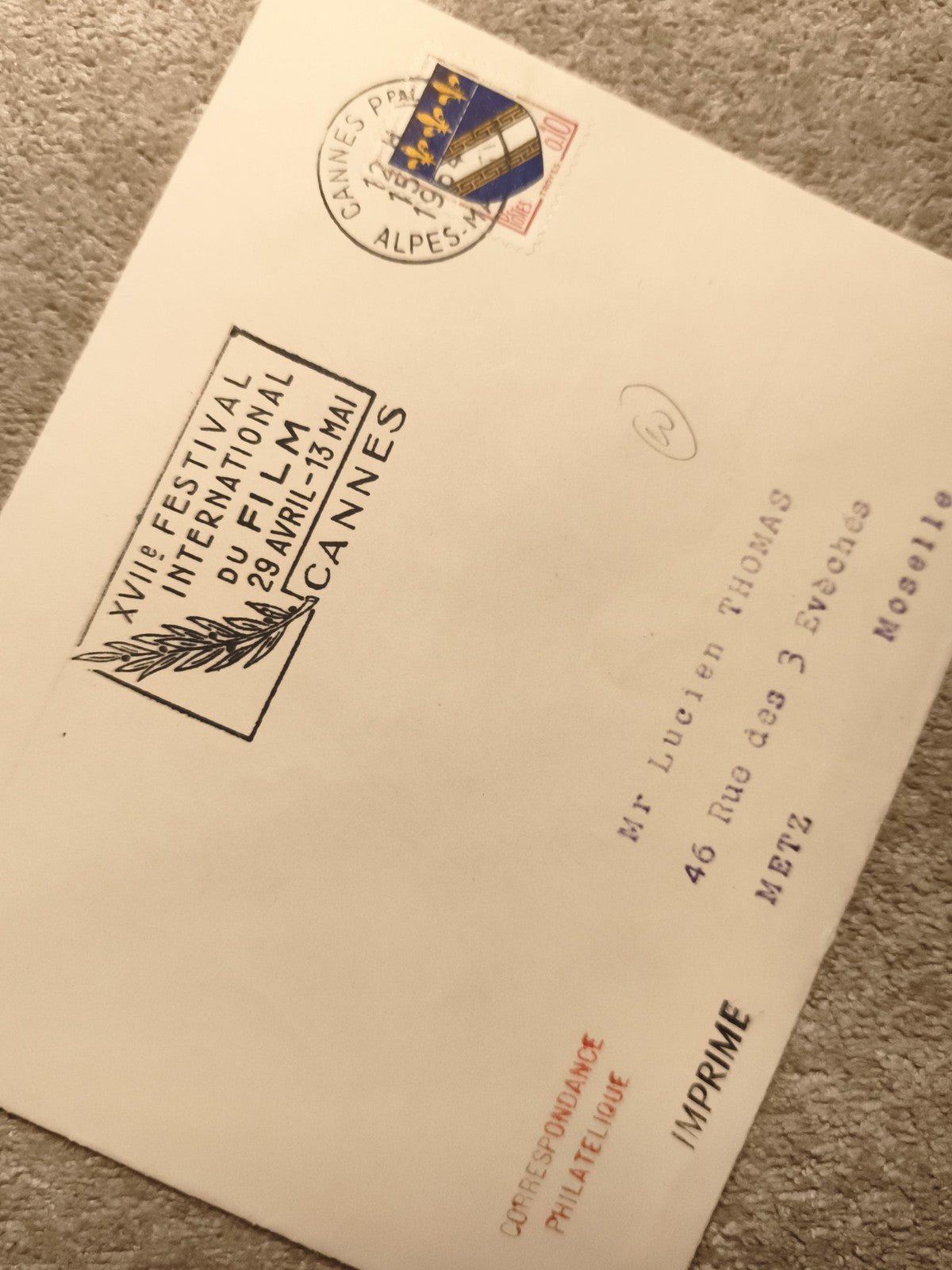 Lettre philatélique Festival Cannes 1964 cachet oblitéré timbre Alpes (Ref 11)