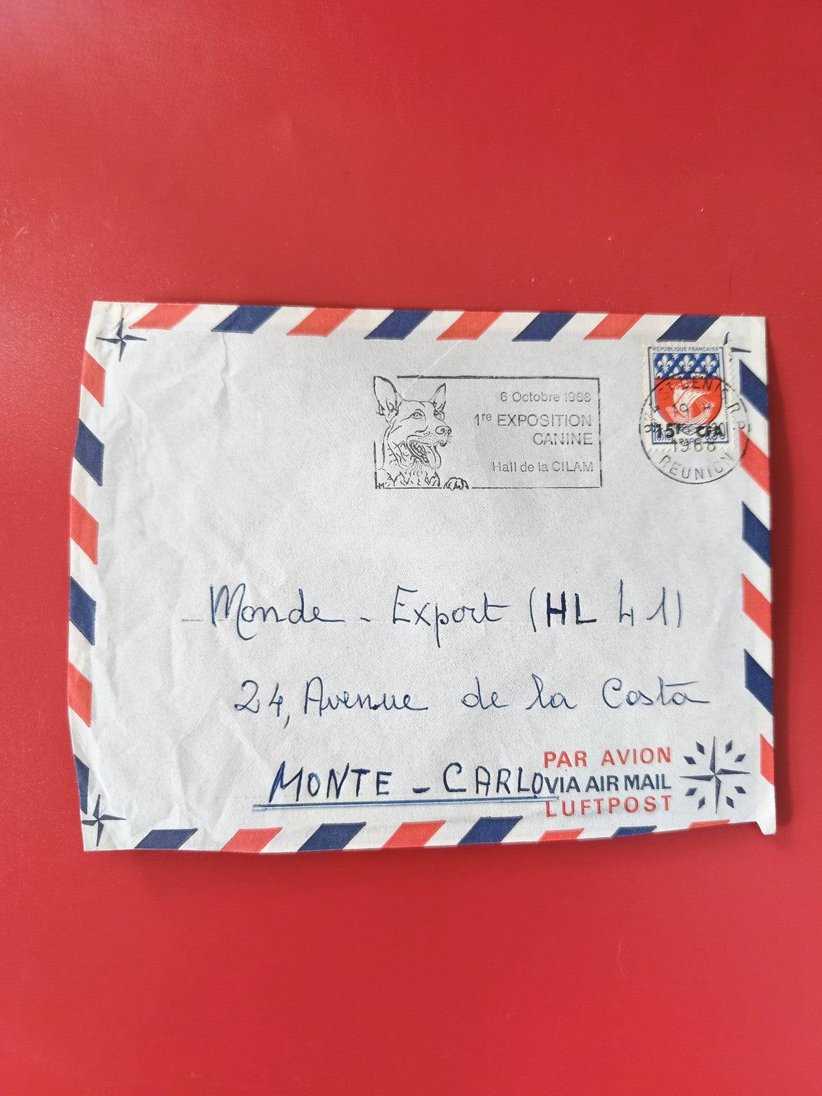 Enveloppe philatélie avion La Réunion Monte-Carlo, expo canine, rouge bleu