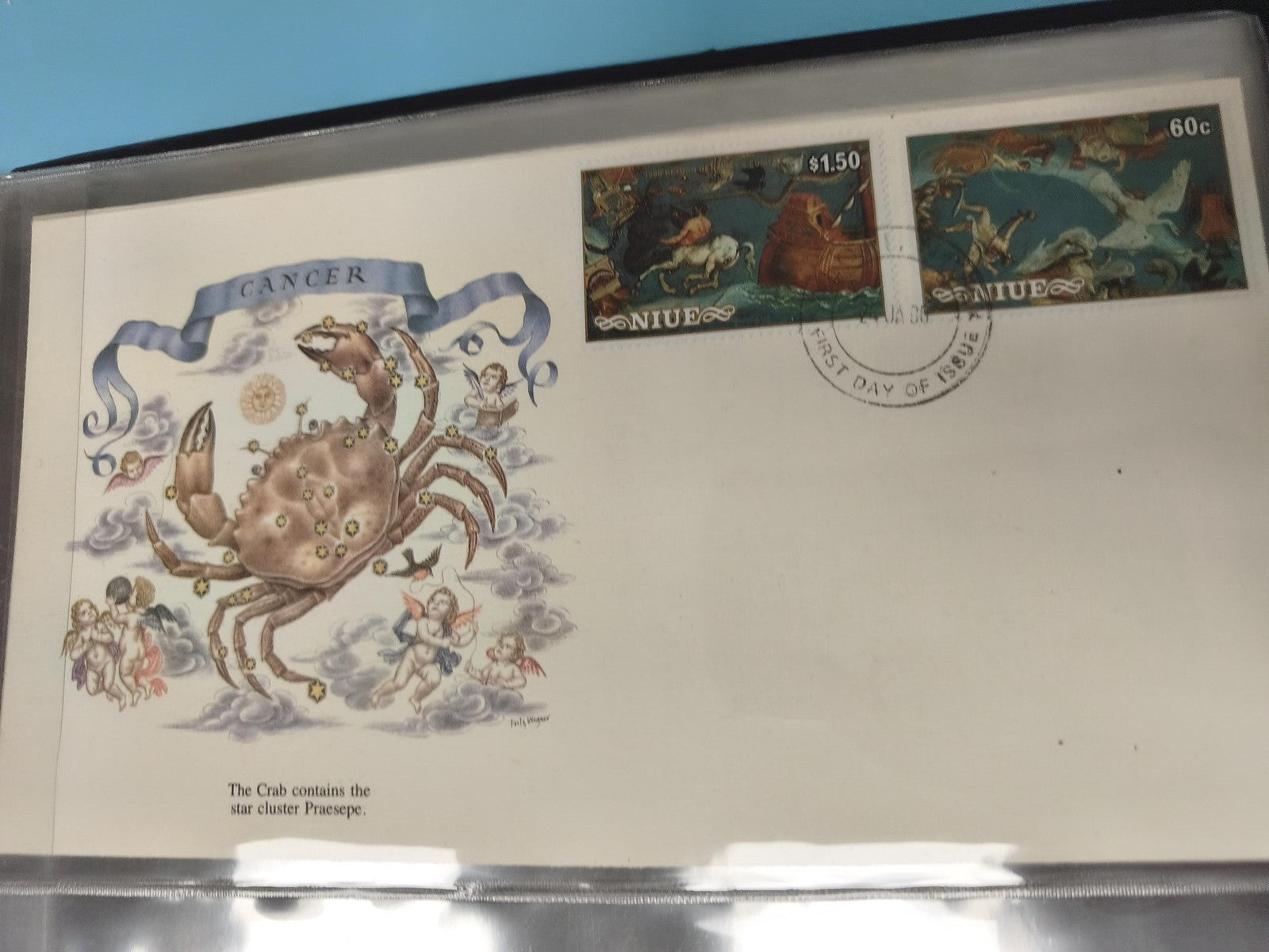 Enveloppe FDC premier jour Niue timbres Cancer signe zodiaque illustration