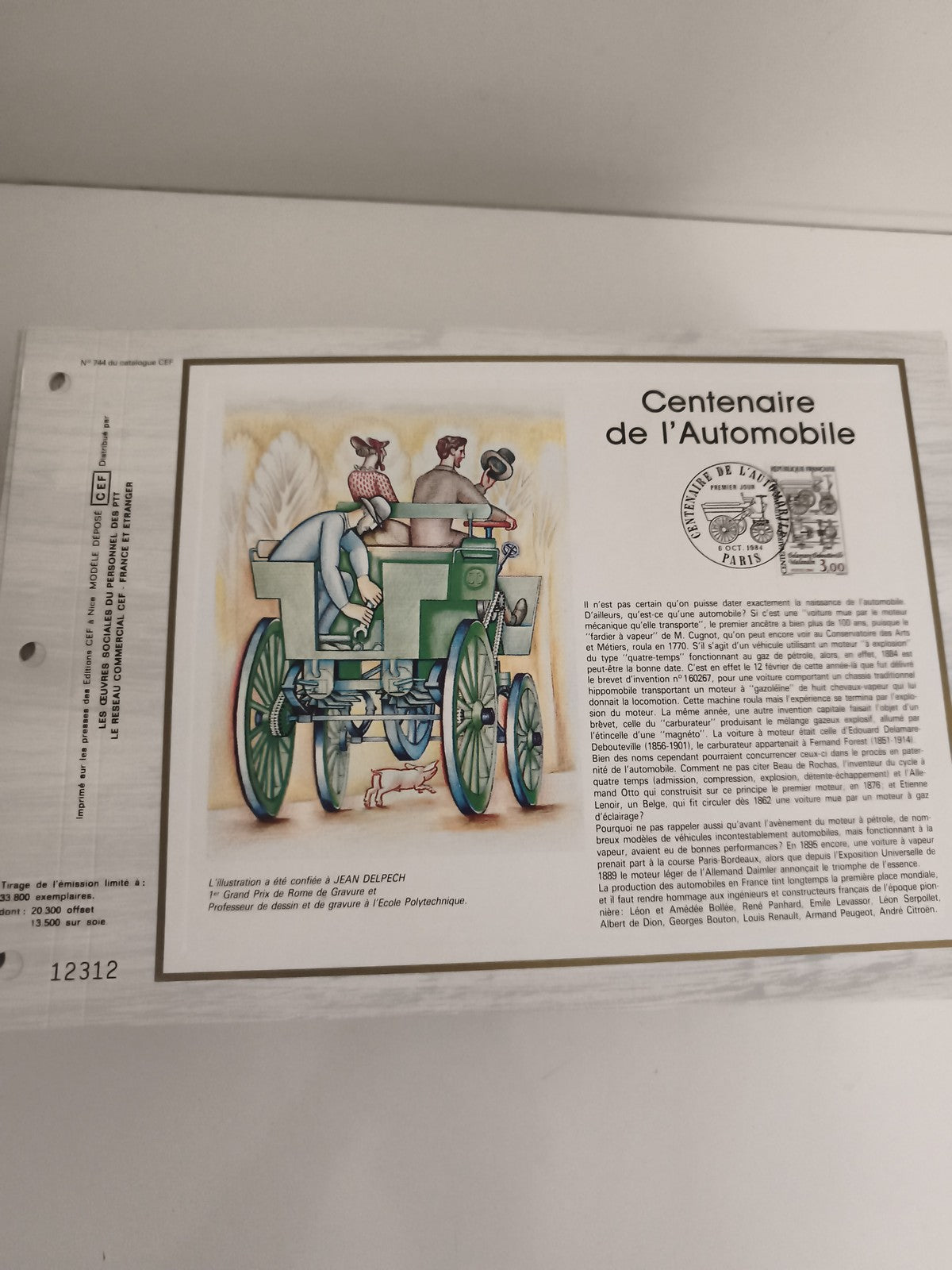 Feuillet CEF Centenaire de l’Automobile timbre 3,00 F illustration Jean Delpech