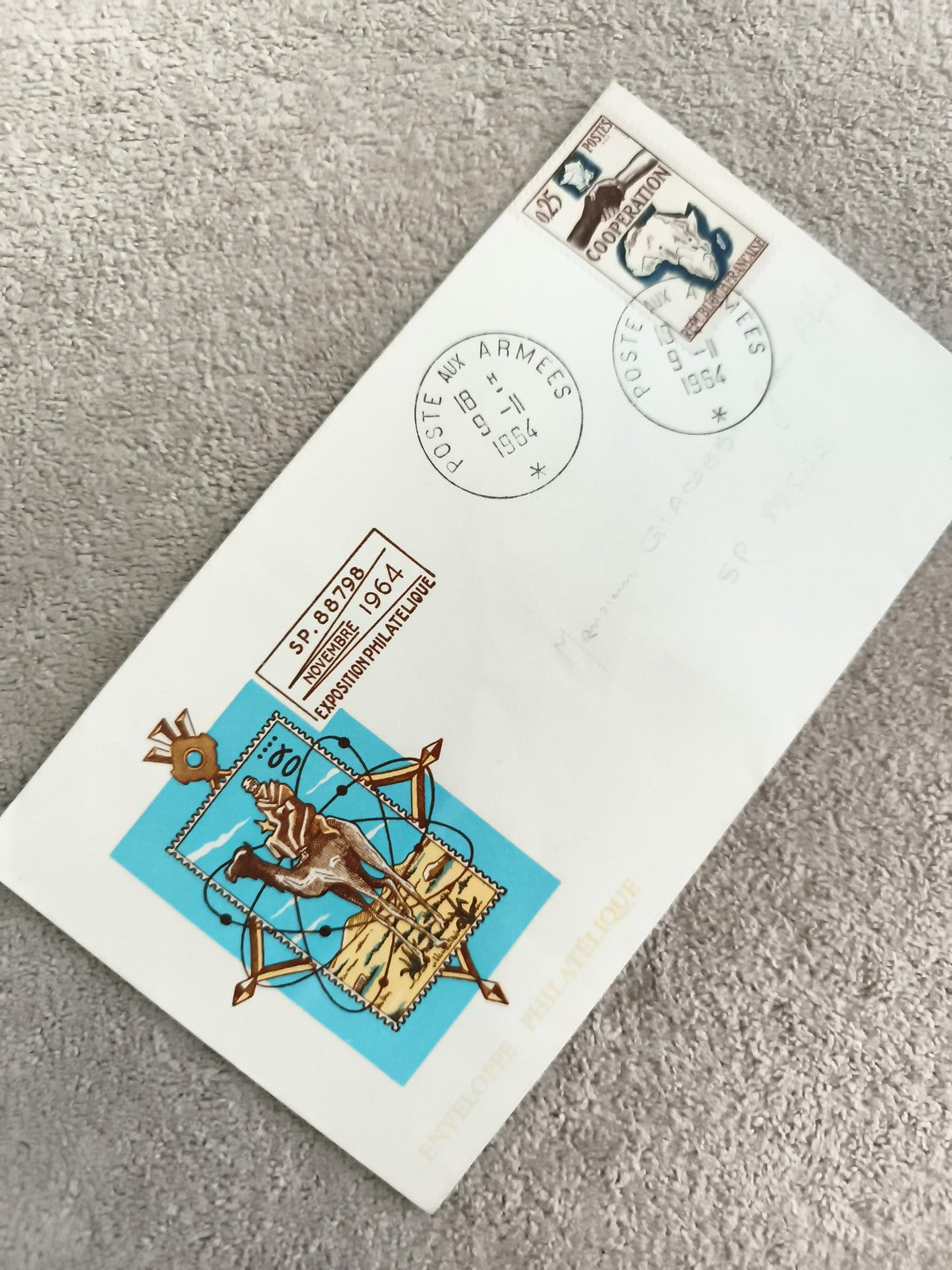 Lettre philatélique Poste aux Armées 1964, timbre Coopération, cachet Exposition